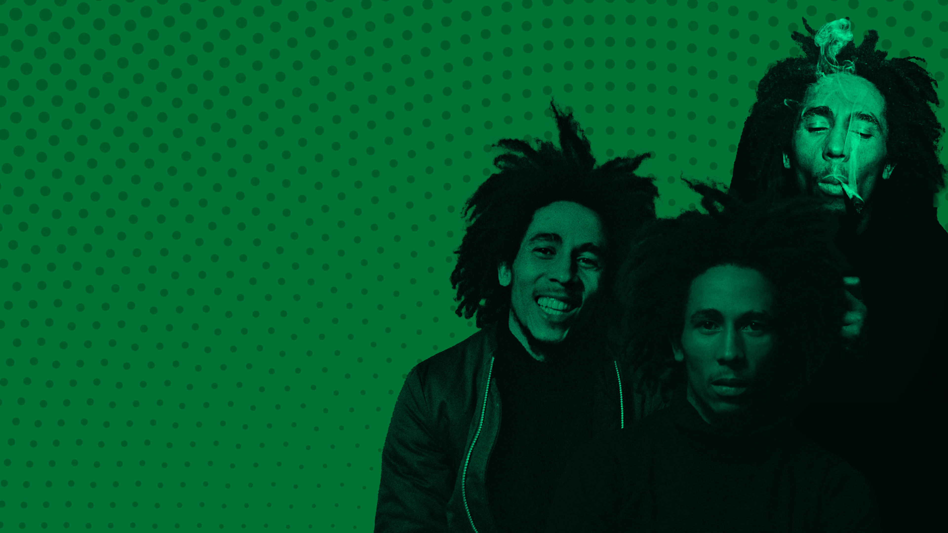 Bob Marley 桌布 壁紙 — 三名留著辮子的男人在綠色圓點背景前微笑吸煙。