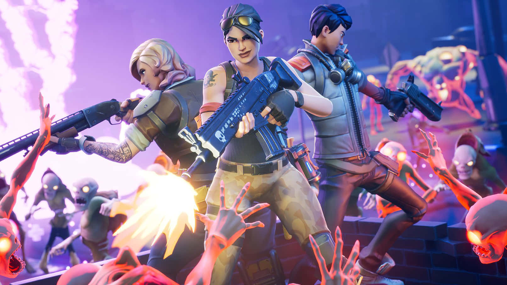 Action Game 桌布 壁紙 — 三名穿著戰鬥裝備的Fortnite角色在充滿活力的紫色燈光城市戰場上向發光的紅色殭屍開火。