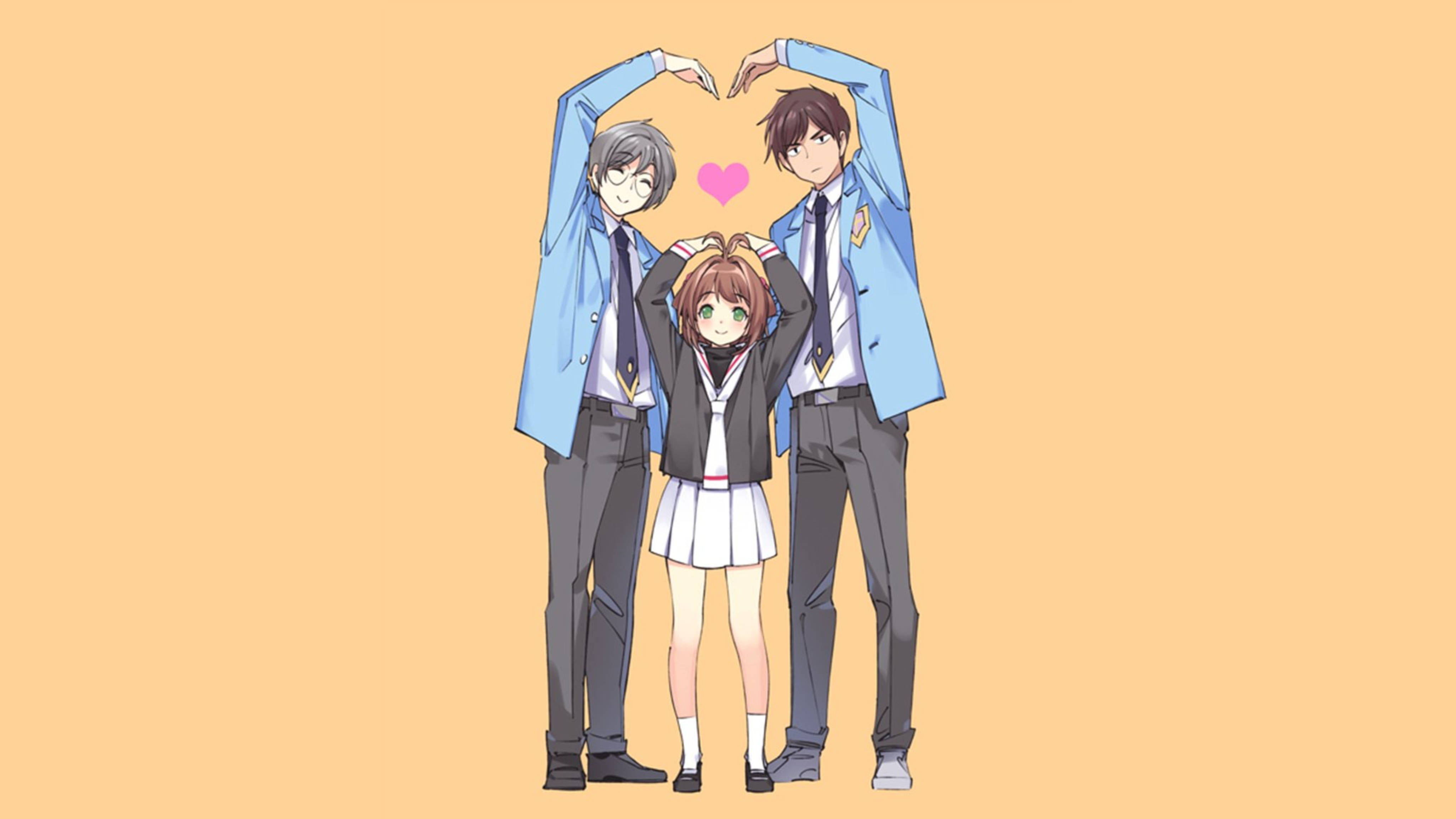 Cardcaptor 桌布 壁紙 — 三名穿著校服的動漫學生在微笑的女孩上方用雙臂圍成一個心形，環繞著一個粉紅色的心。