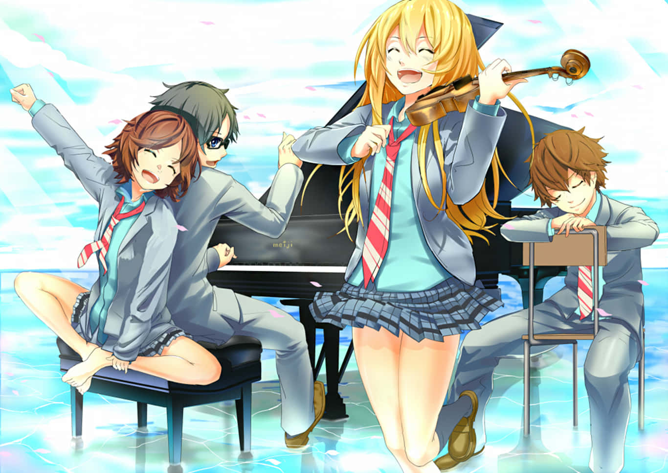 Your Lie In April 桌布 壁紙 — 三名穿著校服的動漫學生在閃爍的藍色水背景前愉快地彈鋼琴、拉小提琴和休息。