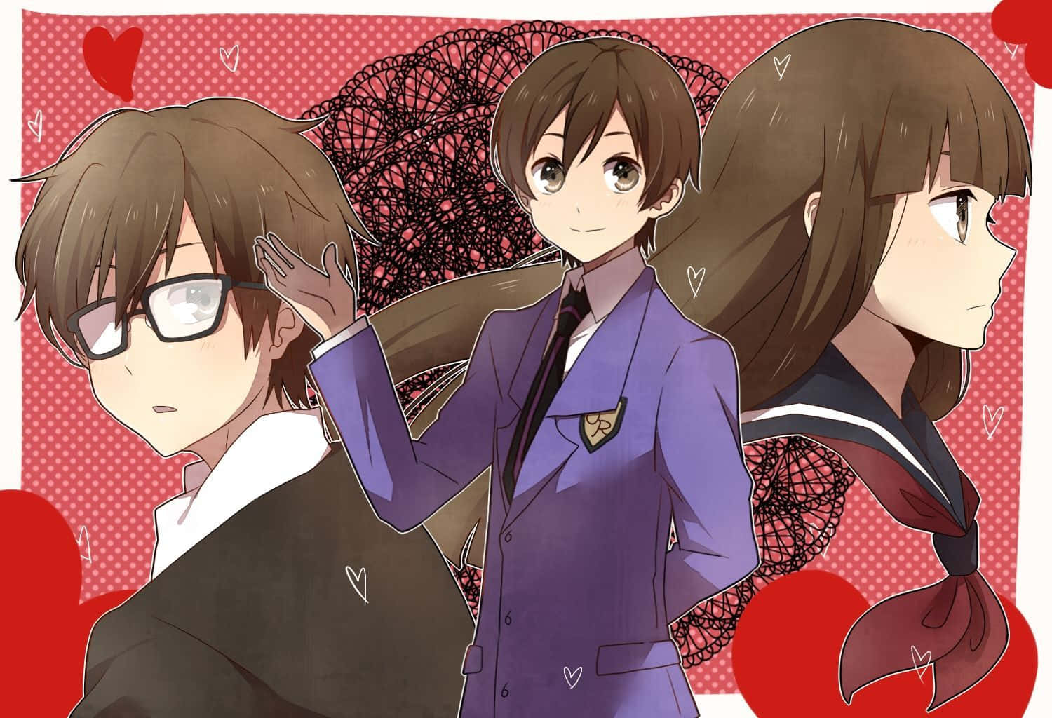 haruhi fujioka 桌布 壁紙 — 三名穿著校服的動漫學生站在紅色心形圖案背景前，背景有蕾絲和漂浮的心形。