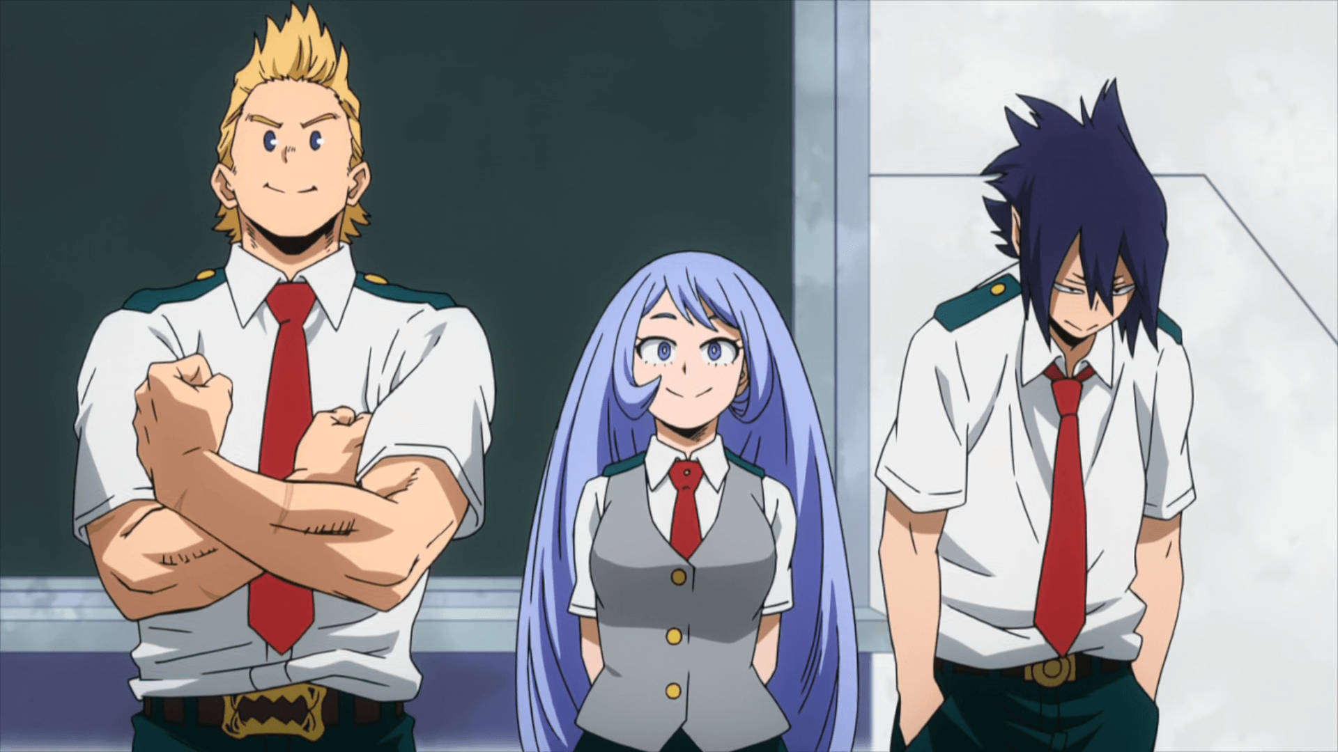 Tamaki Amajiki 桌布 壁紙 — 三名穿著校服的動漫學生自信地站在教室裡，其中一人彎曲手臂，另一人露出冷笑。