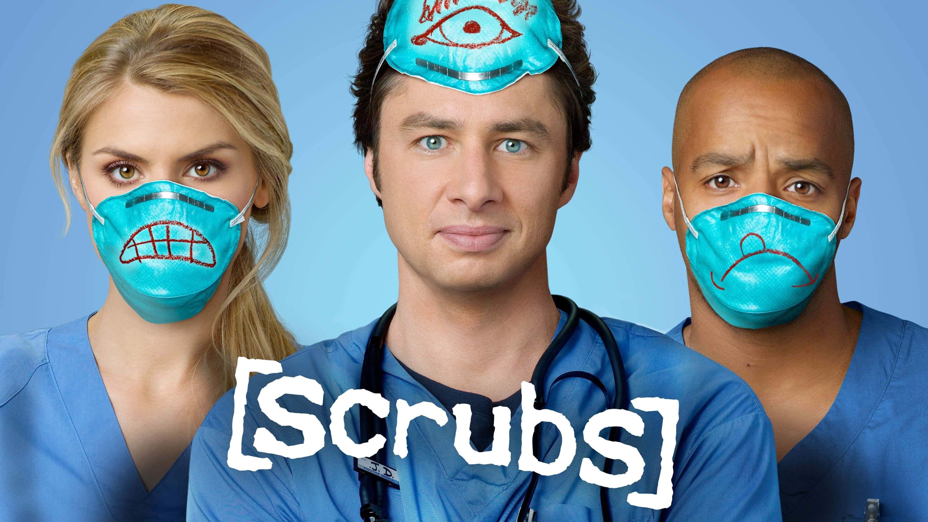 eliza coupe 桌布 壁紙 — 三名穿著藍色手術衣的醫護人員戴著帶有繪製表情的卡通風格口罩，背景為純藍色。