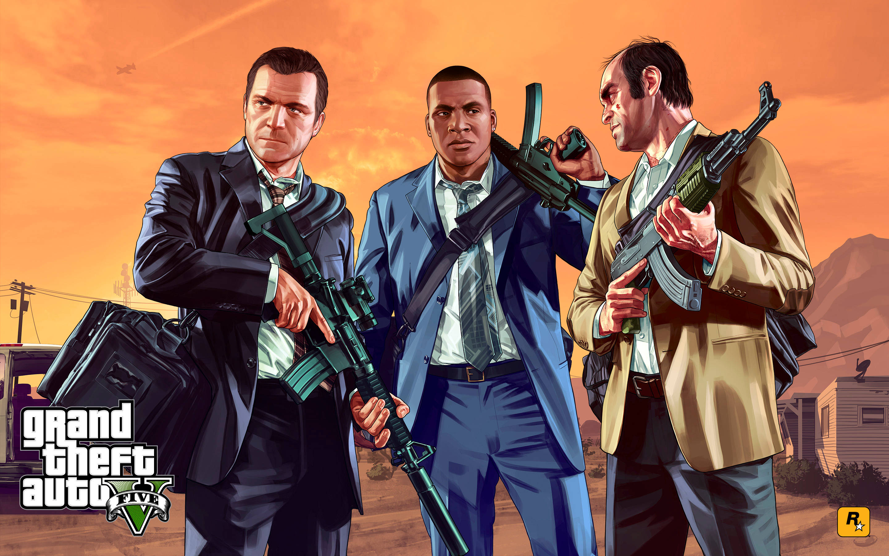 gta v 桌布 壁紙 — 三名穿西裝的男子手持步槍，在橙色的天空下，站在沙漠小鎮的日落時分。