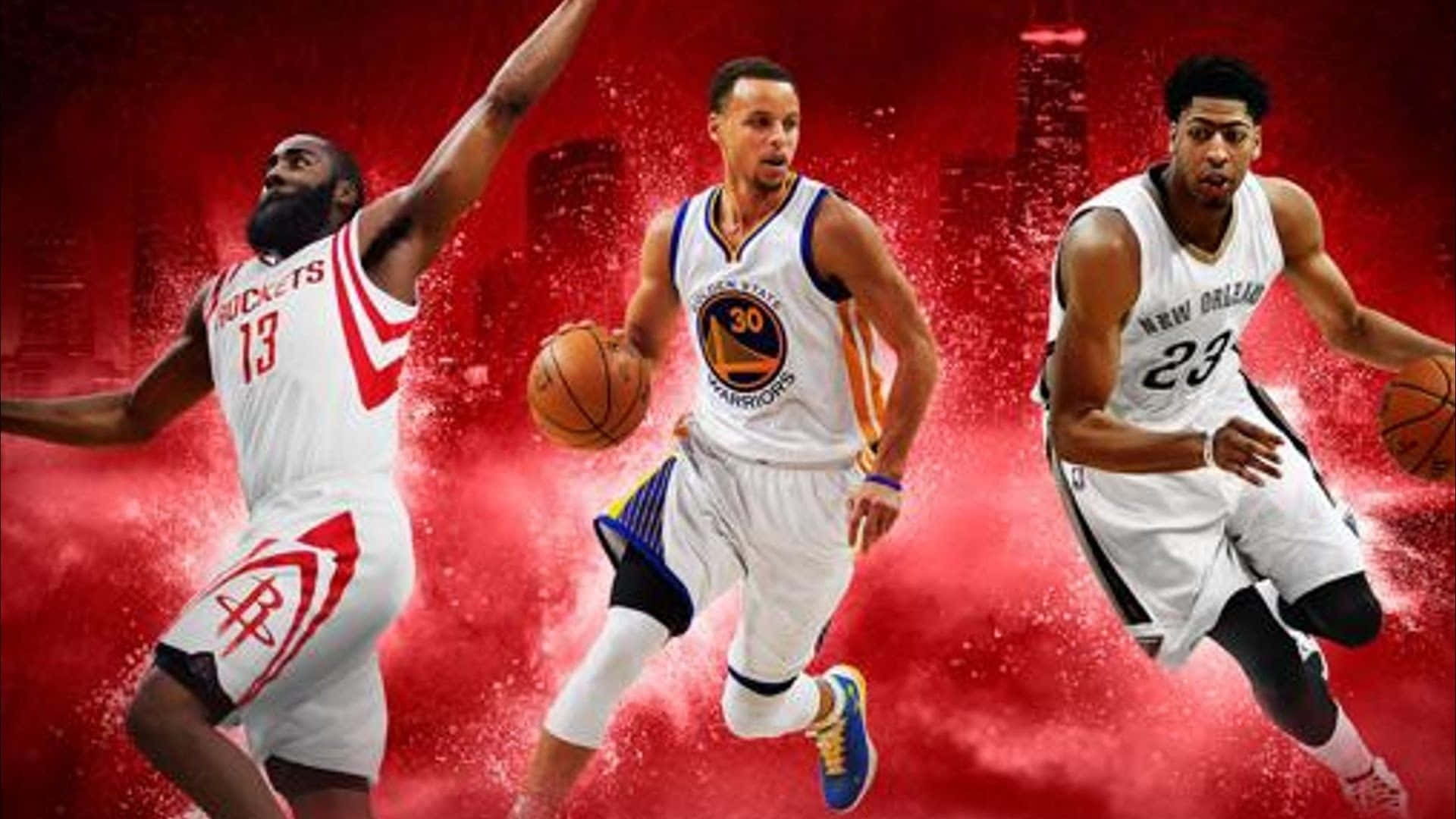 NBA 2k 桌布 壁紙 — 三名籃球運動員在充滿活力的紅色背景上擺出動作姿勢，背景有城市剪影。