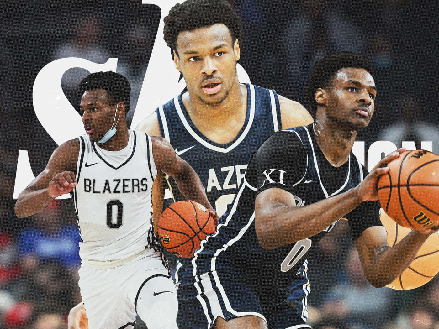 Bronny James 桌布 壁紙 — 三名籃球運動員在比賽中展現高度專注和動態姿勢。