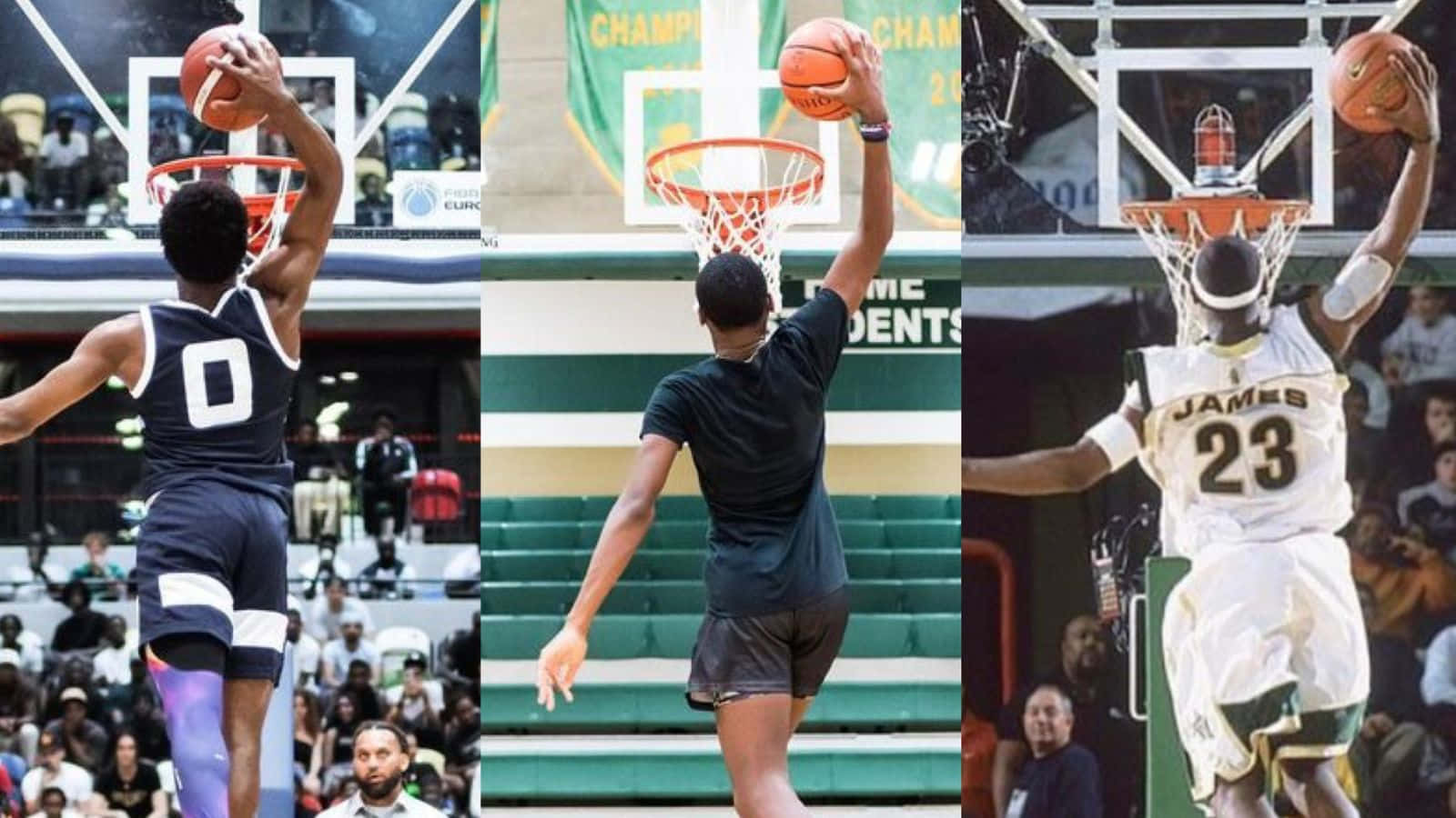 Bronny James 桌布 壁紙 — 三名籃球運動員在空中灌籃，在不同球場上，下方有觀眾觀看。