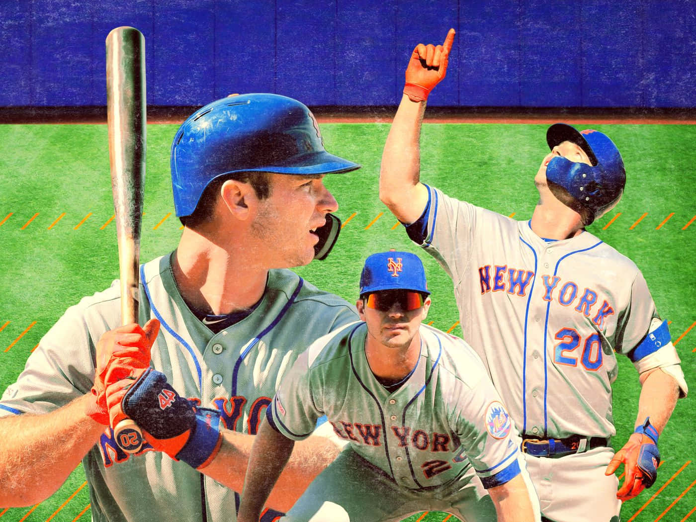 Pete Alonso 桌布 壁紙 — 三名紐約大都會棒球選手在陽光明媚的球場上慶祝，一人指向天空，另一人手持球棒。