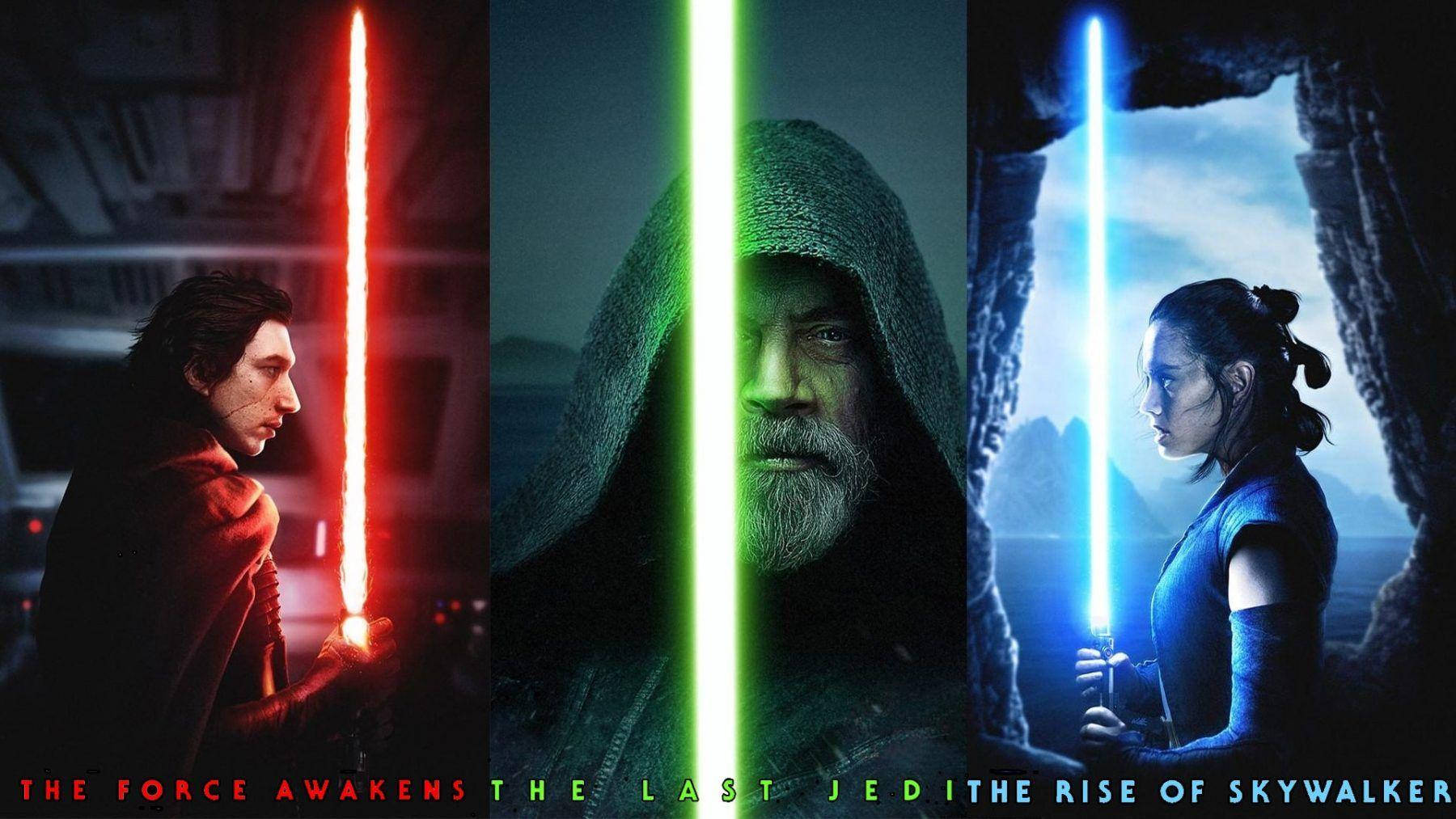 Star Wars Luke Skywalker 4K 桌布 壁紙 — 三名絕地武士在戲劇性的電影背景下，手持發光的紅色、綠色和藍色光劍。