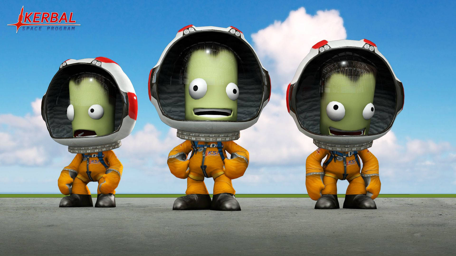 Program 桌布 壁紙 — 三名綠色Kerbal太空人身穿橙色太空衣，站在跑道上，背景是晴朗的藍天和蓬鬆的白雲。