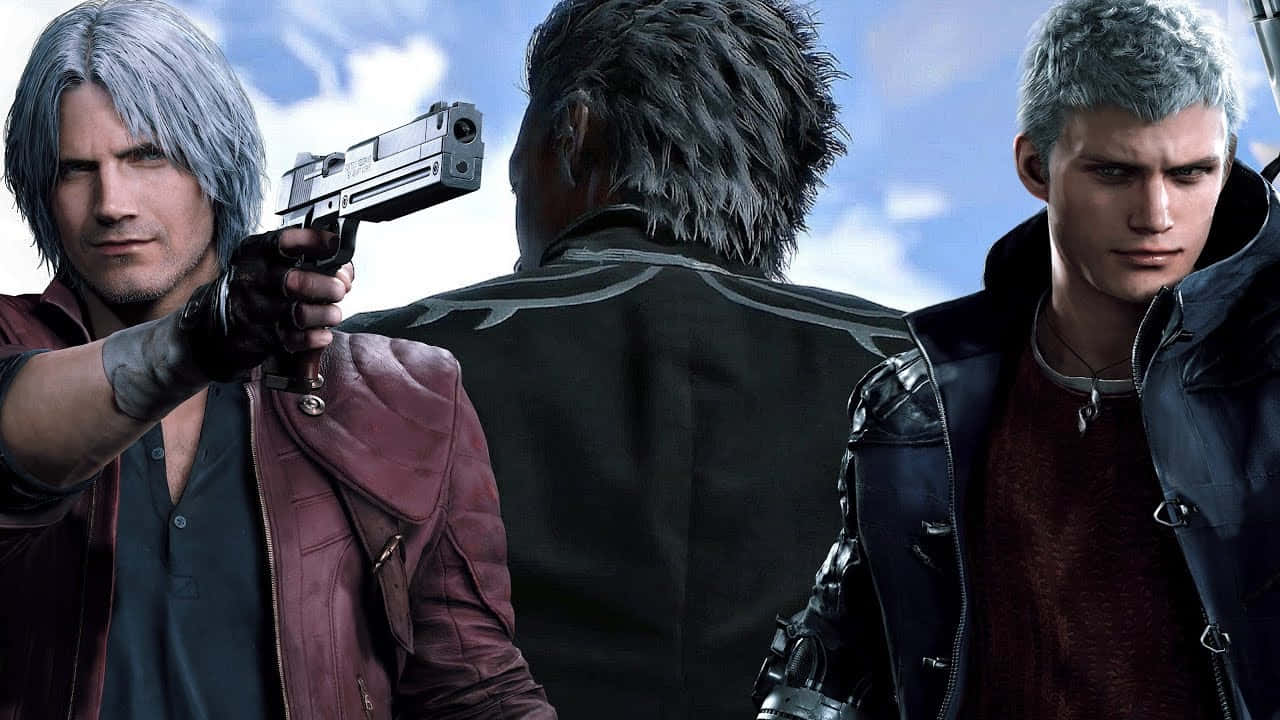 Devil May Cry Characters 桌布 壁紙 — 三名肌肉發達、銀髮的男子在明亮的藍天下緊張對峙，其中一人用槍指向另一人的背部。