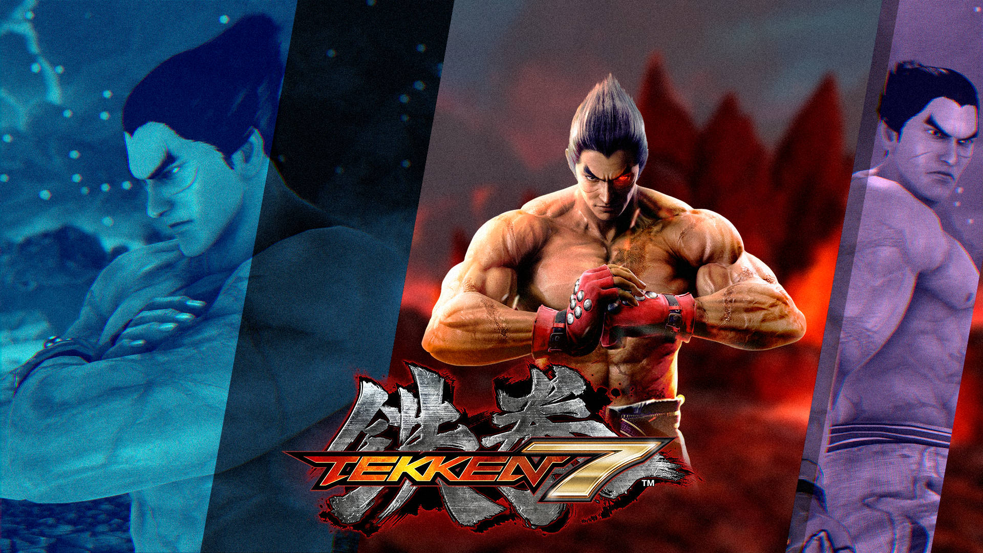kazuya mishima 桌布 壁紙 — 三名肌肉發達的《鐵拳7》戰士在對比鮮明的藍色和紅色背景前擺出動態姿勢，眼睛發光，燈光效果戲劇化。