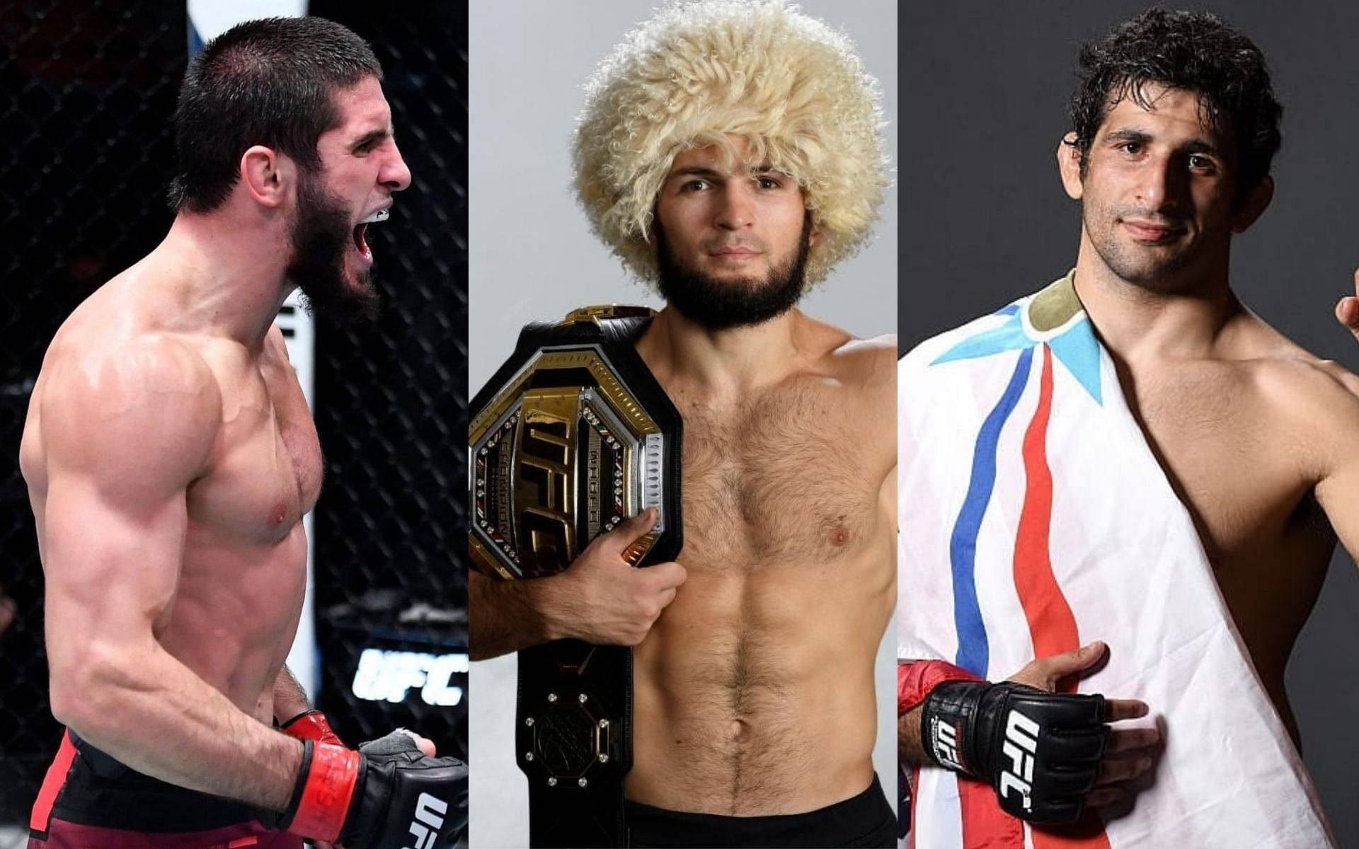 UFC 桌布 壁紙 — 三名肌肉發達的UFC拳手身穿戰鬥裝備，擺出強烈姿勢，一人在八角籠中尖叫，另一人手持冠軍腰帶，第三人披著旗幟。