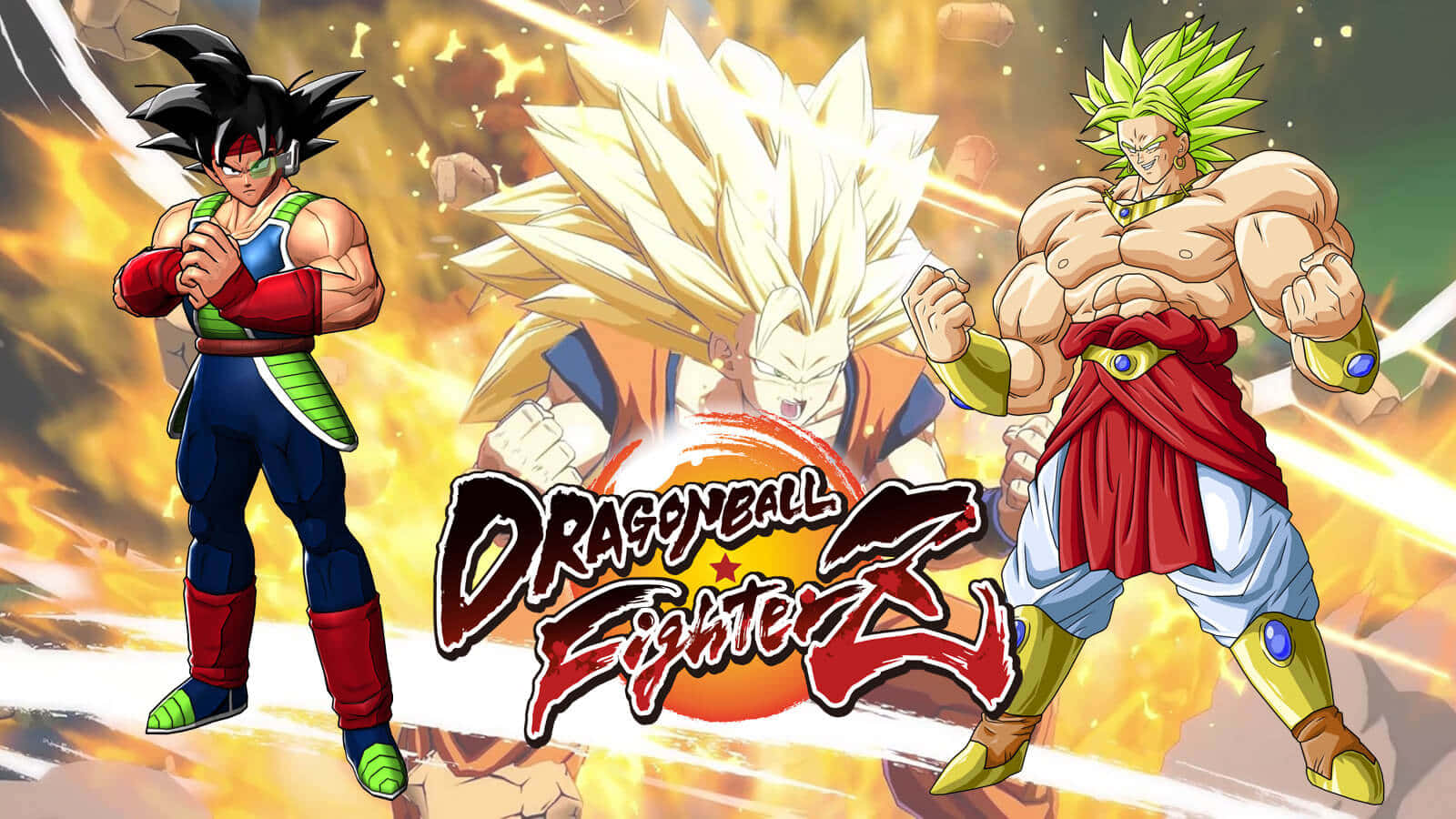 Dragon Ball Characters 桌布 壁紙 — 三名肌肉發達的七龍珠戰士在火焰爆炸背景下擺出動態戰鬥姿勢。