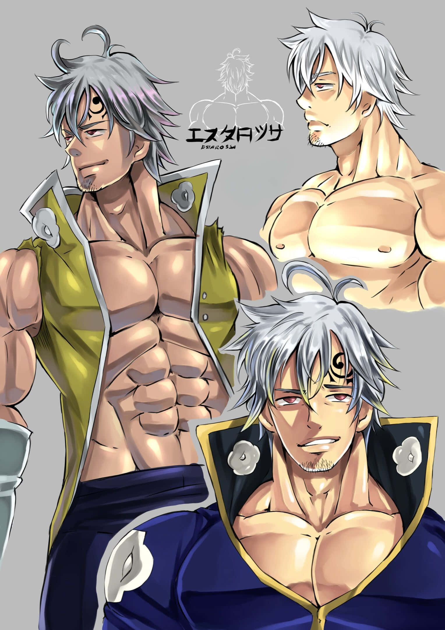 Seven Deadly Sins Estarossa 桌布 壁紙 — 三名肌肉發達的動漫男性，銀色頭髮和刺青，穿著精細的奇幻盔甲，在純灰色背景前擺姿勢。