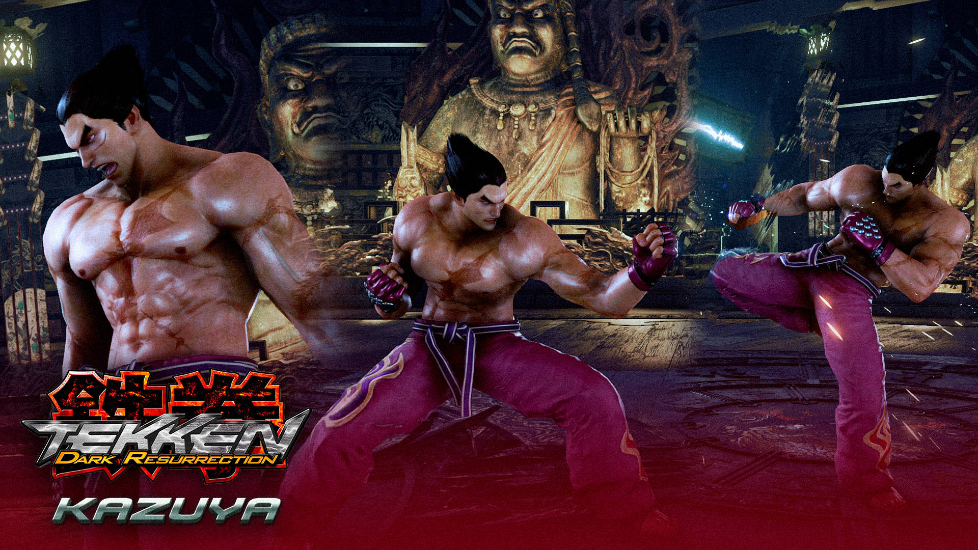 kazuya mishima 桌布 壁紙 — 三名肌肉發達的戰士以戰鬥姿勢在黑暗寺廟背景下動態擺姿勢，伴隨著發光的紅色燈光。