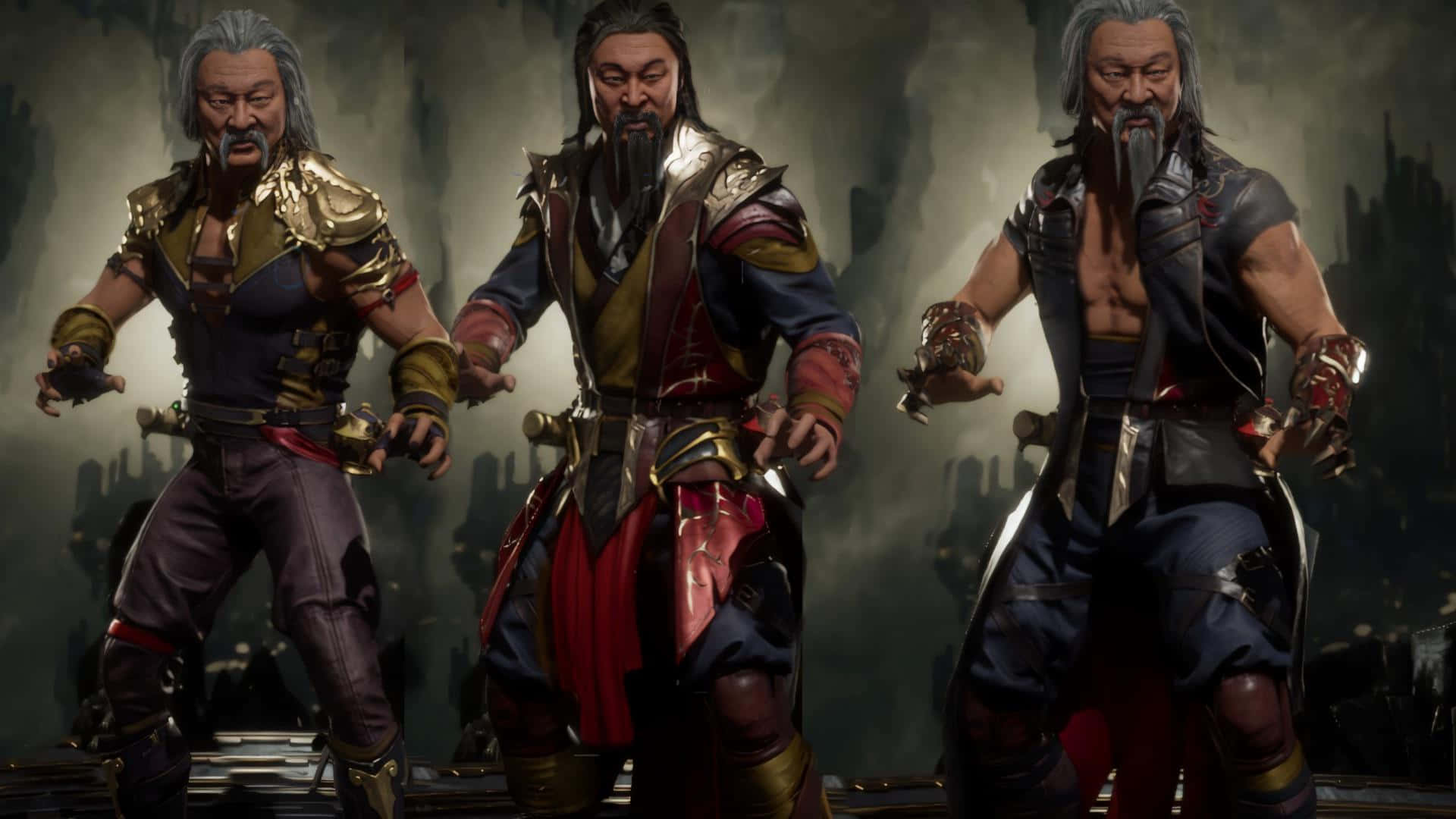 Mortal Kombat Shang Tsung 桌布 壁紙 — 三名肌肉發達的武術家身穿華麗盔甲，站在黑暗霧氣籠罩的競技場中準備戰鬥。