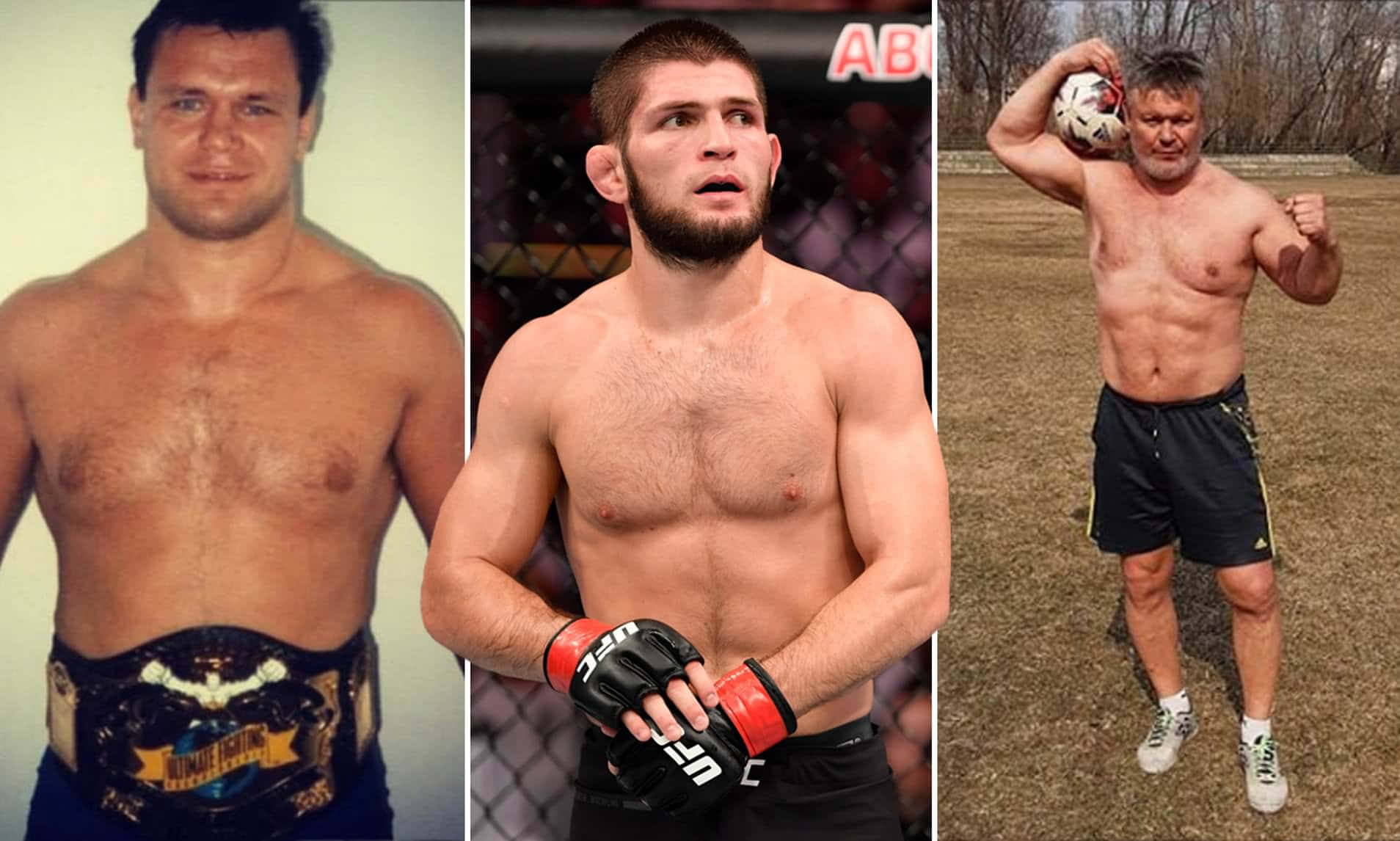 UFC 桌布 壁紙 — 三名肌肉發達的男子身穿格鬥裝備自信地擺姿勢，一人戴冠軍腰帶，一人戴手套，一人在戶外拿著球。