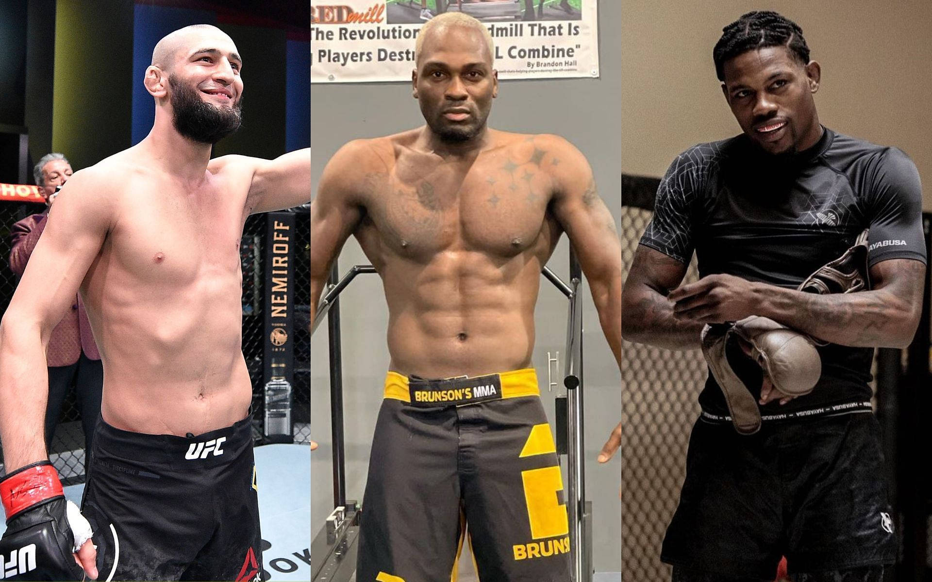 Champion 桌布 壁紙 — 三名肌肉發達的男性MMA拳手在健身房環境中自信地擺姿勢，穿著品牌搏擊短褲和手套。