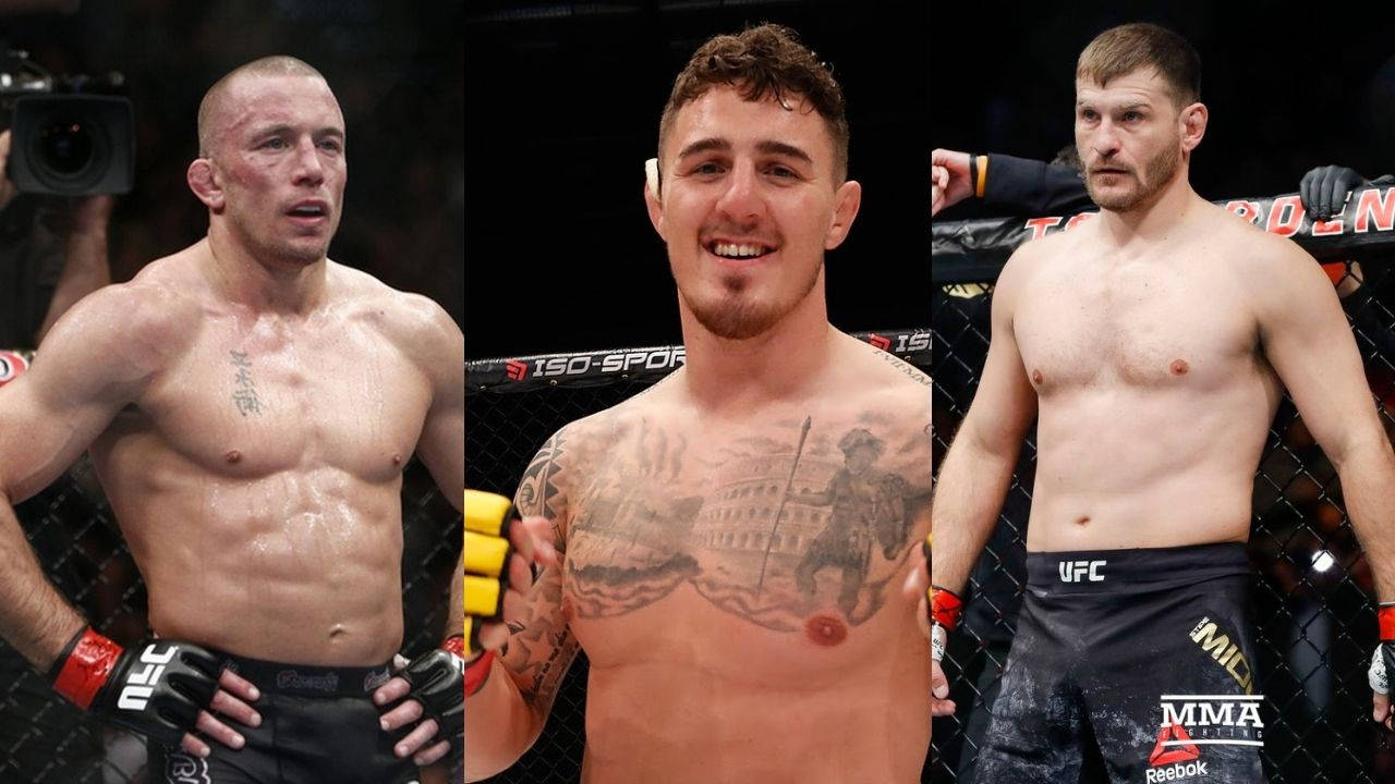 運動 桌布 壁紙 — 三名肌肉發達的男性MMA拳手身穿八角籠裝備，在明亮的場館燈光下展現強烈的表情和刺青。