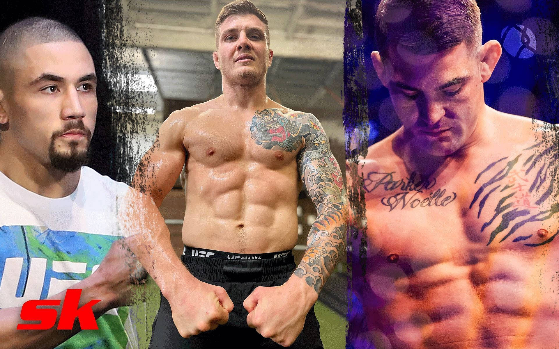 UFC 桌布 壁紙 — 三名肌肉發達的男性戰士帶有紋身，在健身房環境中激烈擺姿勢，展示清晰的體格和戰鬥準備狀態。