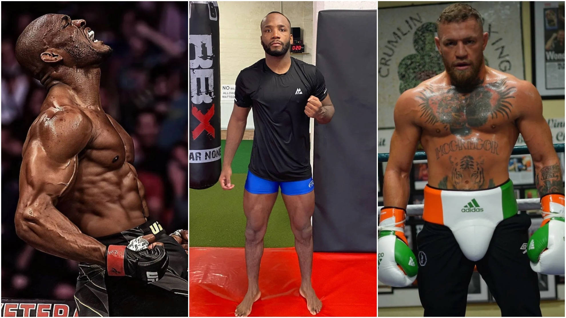 MMA 桌布 壁紙 — 三名肌肉發達的男性戰士身著戰鬥裝備，在健身房和擂台上激烈擺姿勢。