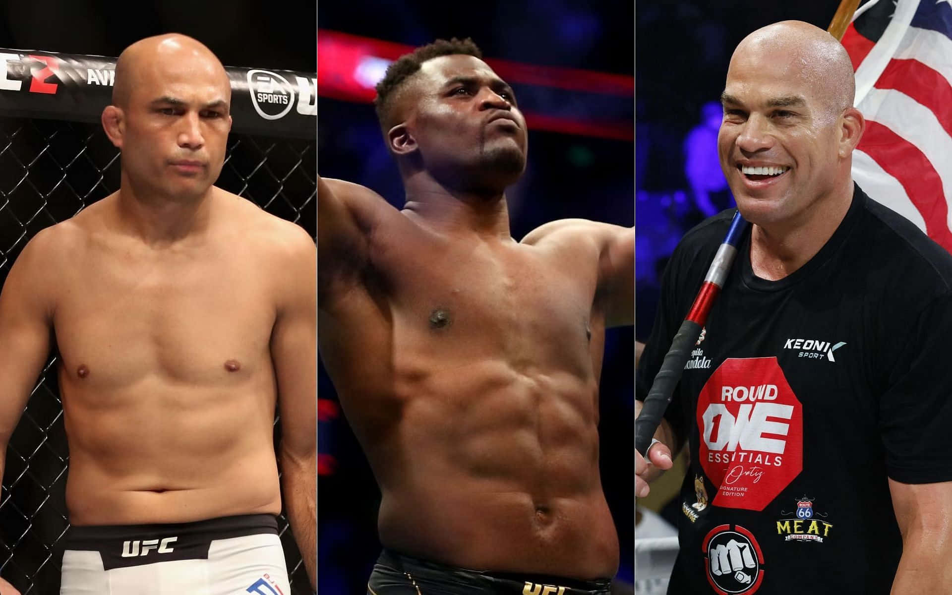 UFC 桌布 壁紙 — 三名肌肉發達的男性拳手身穿UFC八角籠裝備，在鐵籠和聚光燈背景下擺出強烈姿勢。