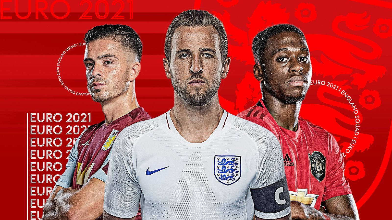 England 桌布 壁紙 — 三名英格蘭足球員身穿球隊球衣，在帶有 'EURO 2021' 文字和獅子徽章的鮮紅色背景前擺姿勢。