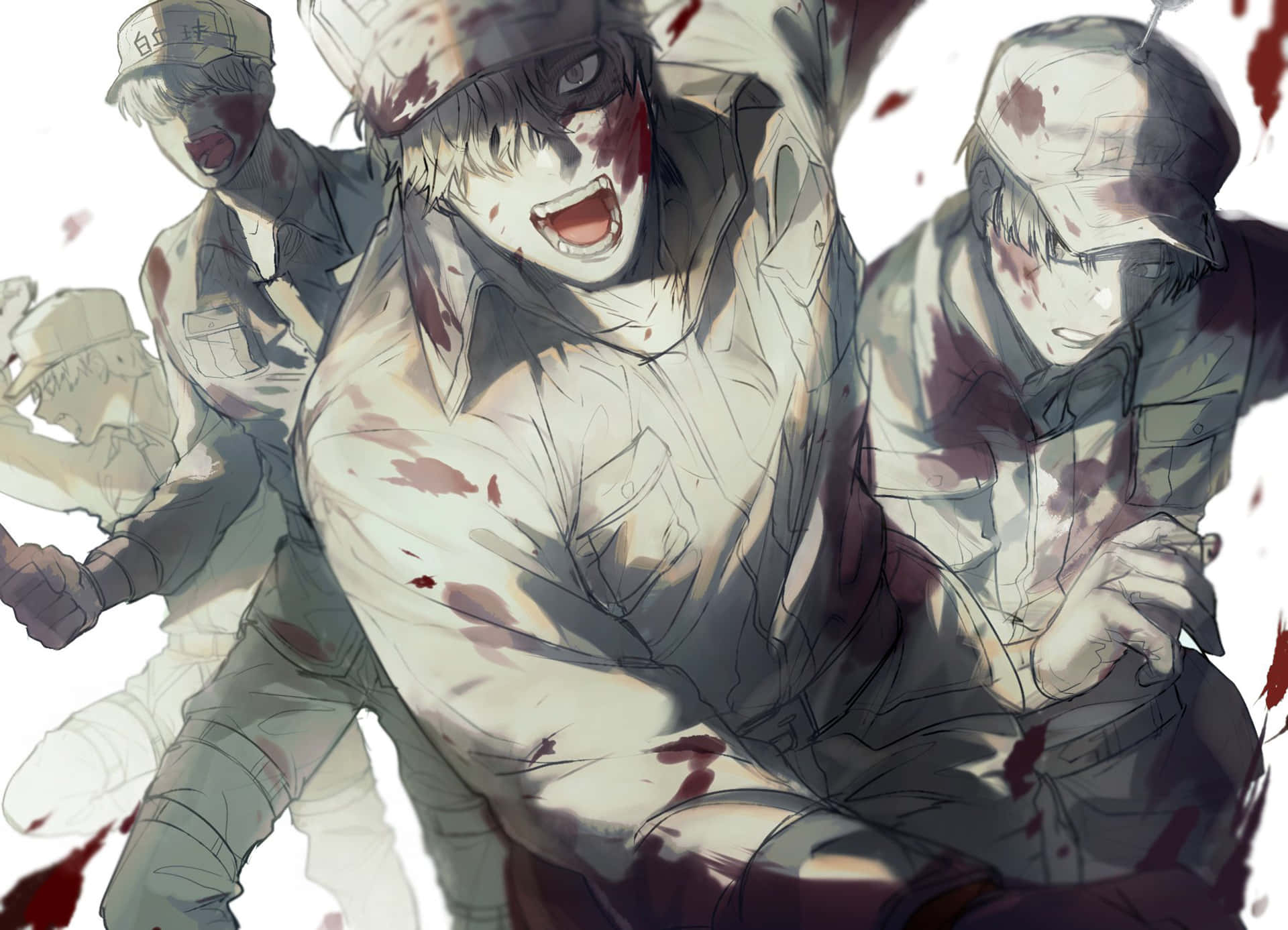 Cells At Work 桌布 壁紙 — 三名血跡斑斑的動漫士兵身穿制服，在純白背景下帶著兇猛表情向前衝鋒。