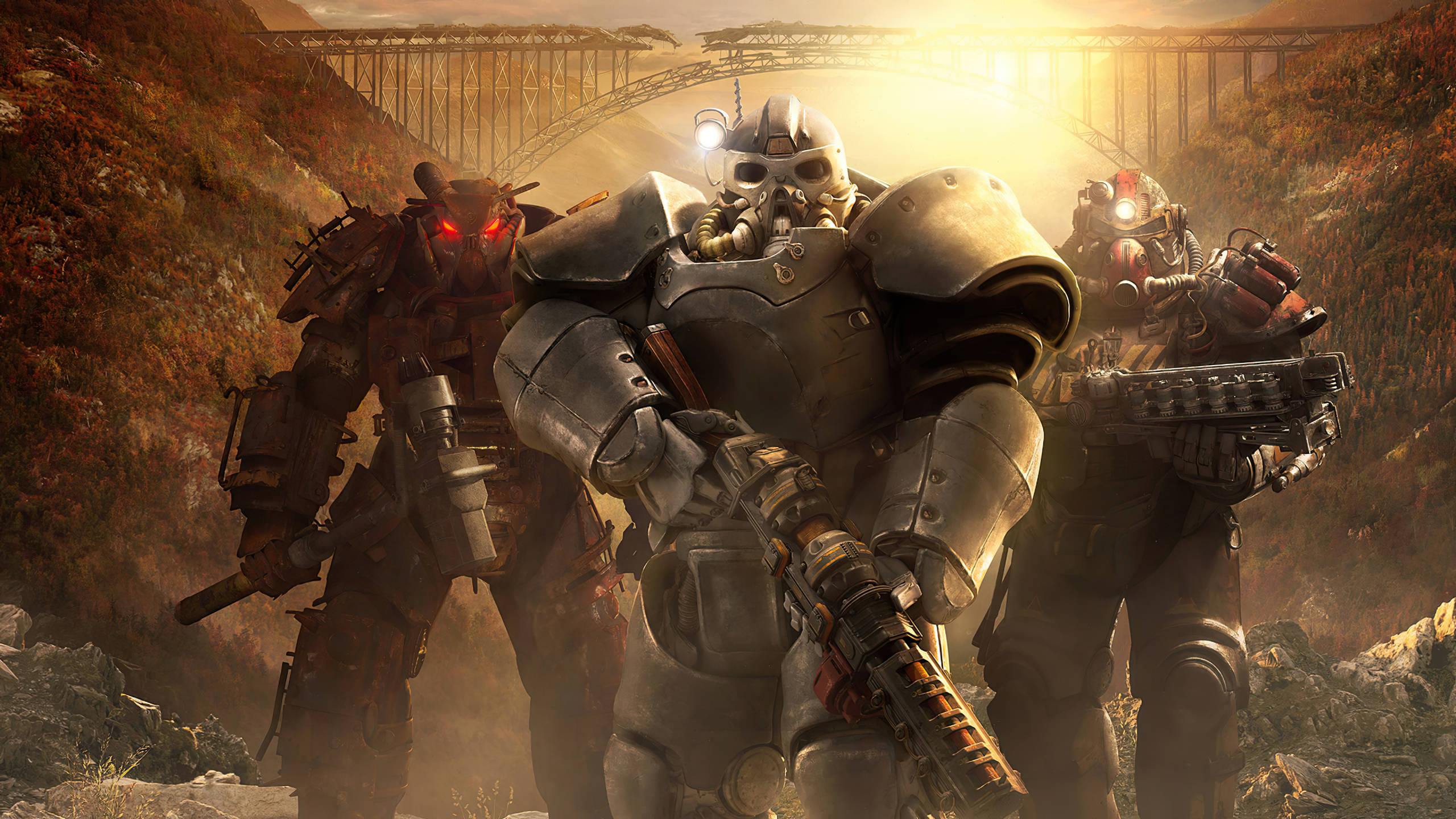 Fallout 76 桌布 壁紙 — 三名裝甲動力裝甲士兵站在峽谷中，下方是發光的日落橋，眼睛發出紅光。