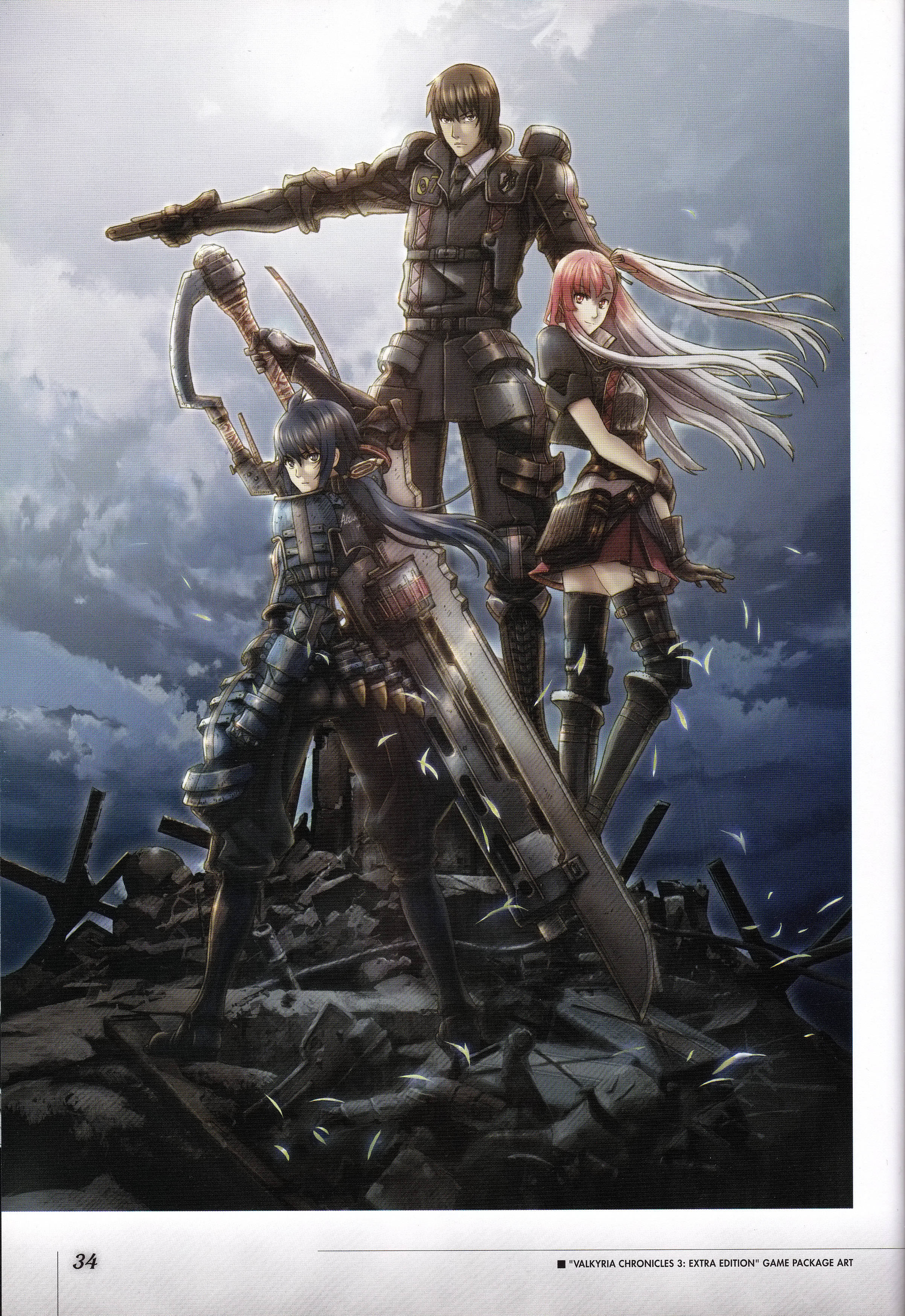 Valkyria Chronicles 桌布 壁紙 — 三名裝甲動漫戰士在暴風雨的天空下挑釁地站在瓦礫上，揮舞著巨大的武器。