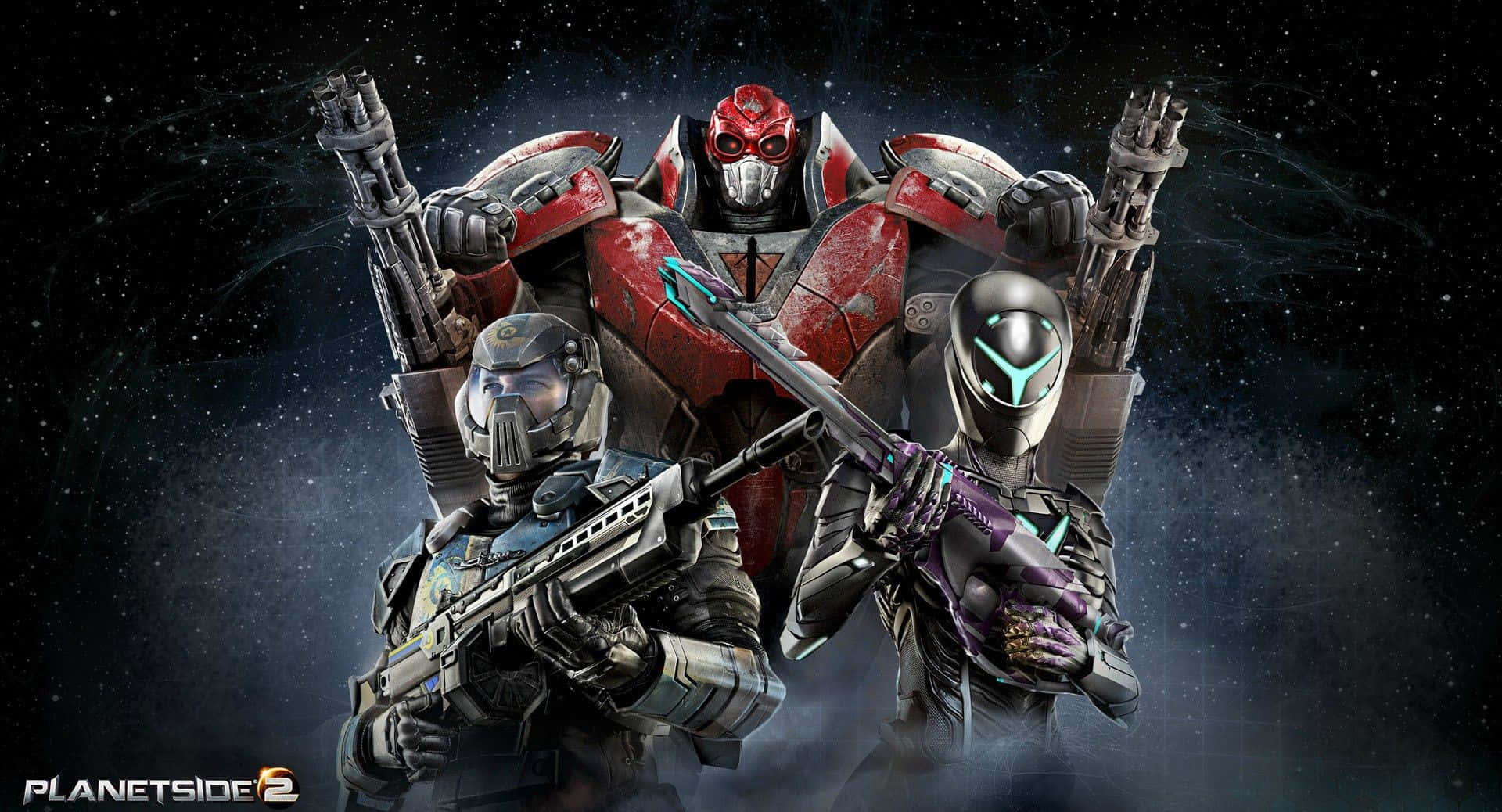 Online Games 桌布 壁紙 — 三名裝甲士兵和一個巨大的紅色機器人，在星光閃爍的太空背景下手持發光武器準備就緒。
