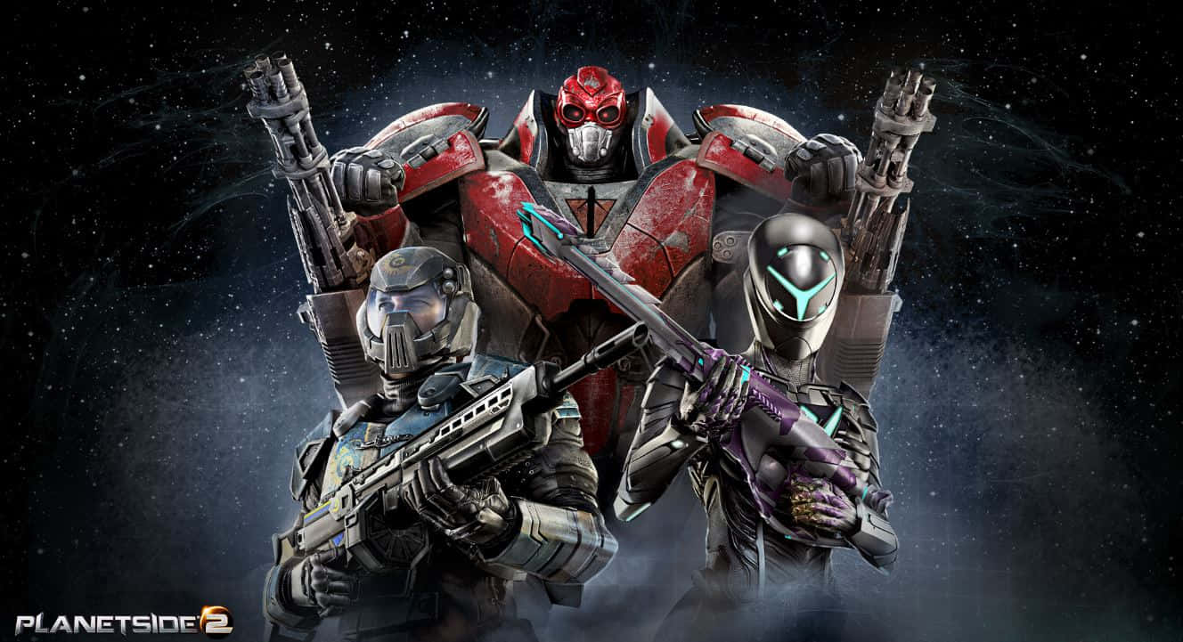 Online Gaming 桌布 壁紙 — 三名裝甲士兵和一個巨大的紅色機甲在星光閃爍的太空背景下手持未來武器準備就緒。