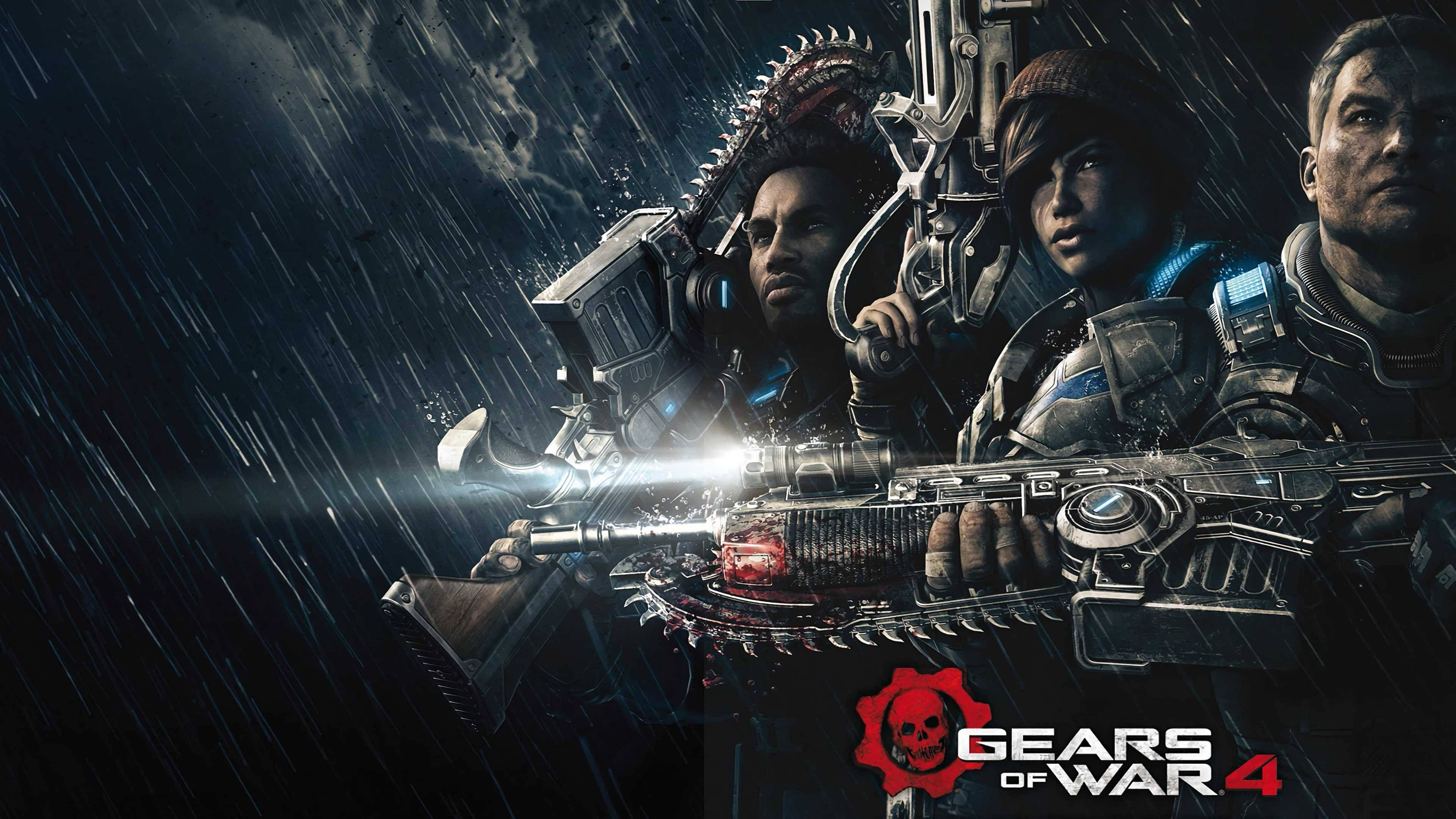 Gears Of War 桌布 壁紙 — 三名裝甲士兵在暴風雨中手持重型武器，站在黑暗的暴風雨天空下。