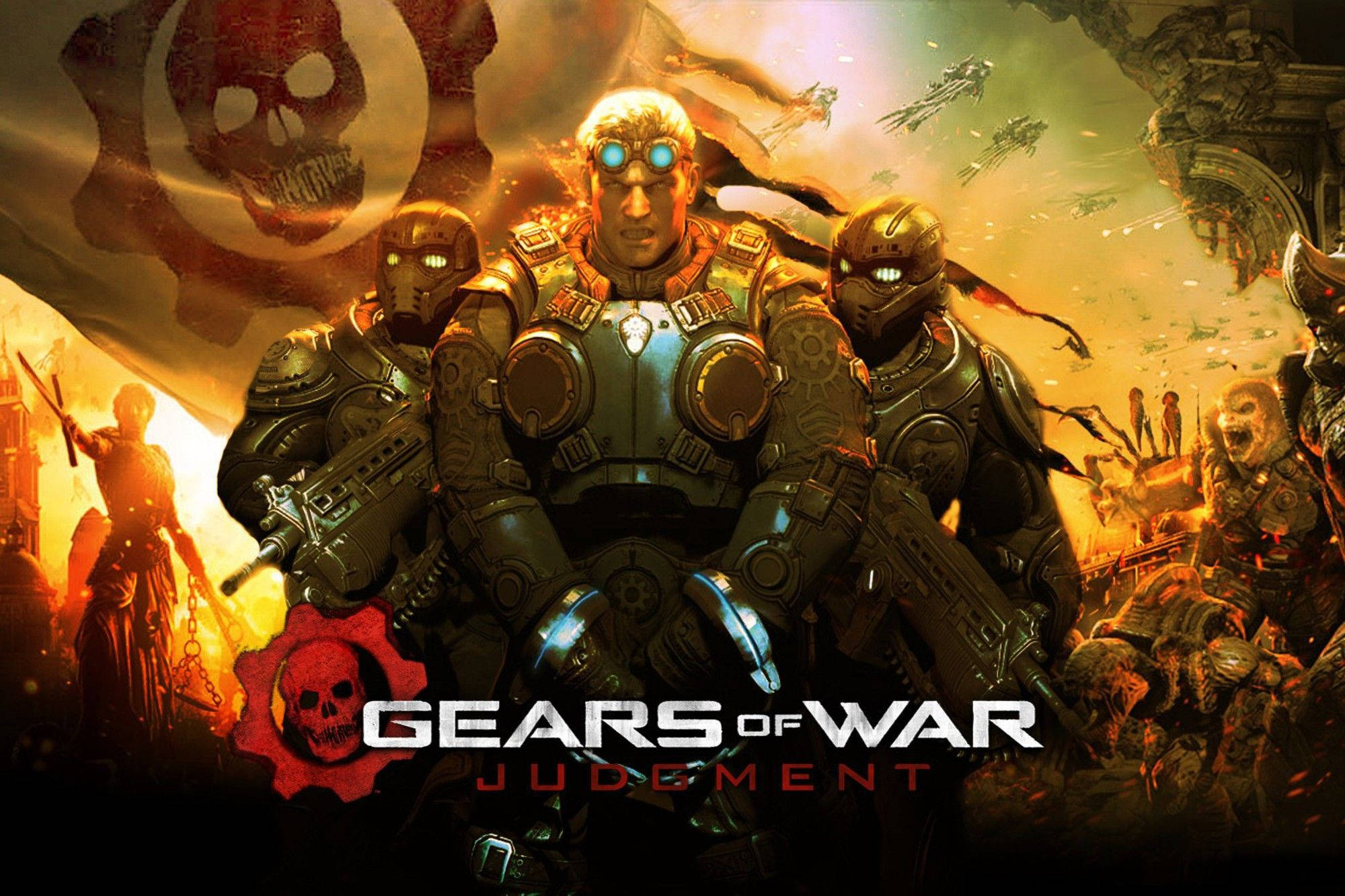 Gears Of War 桌布 壁紙 — 三名裝甲士兵眼睛發光，在一個帶有骷髏旗和飛行車輛的熾熱戰場背景下挑釁地站立。