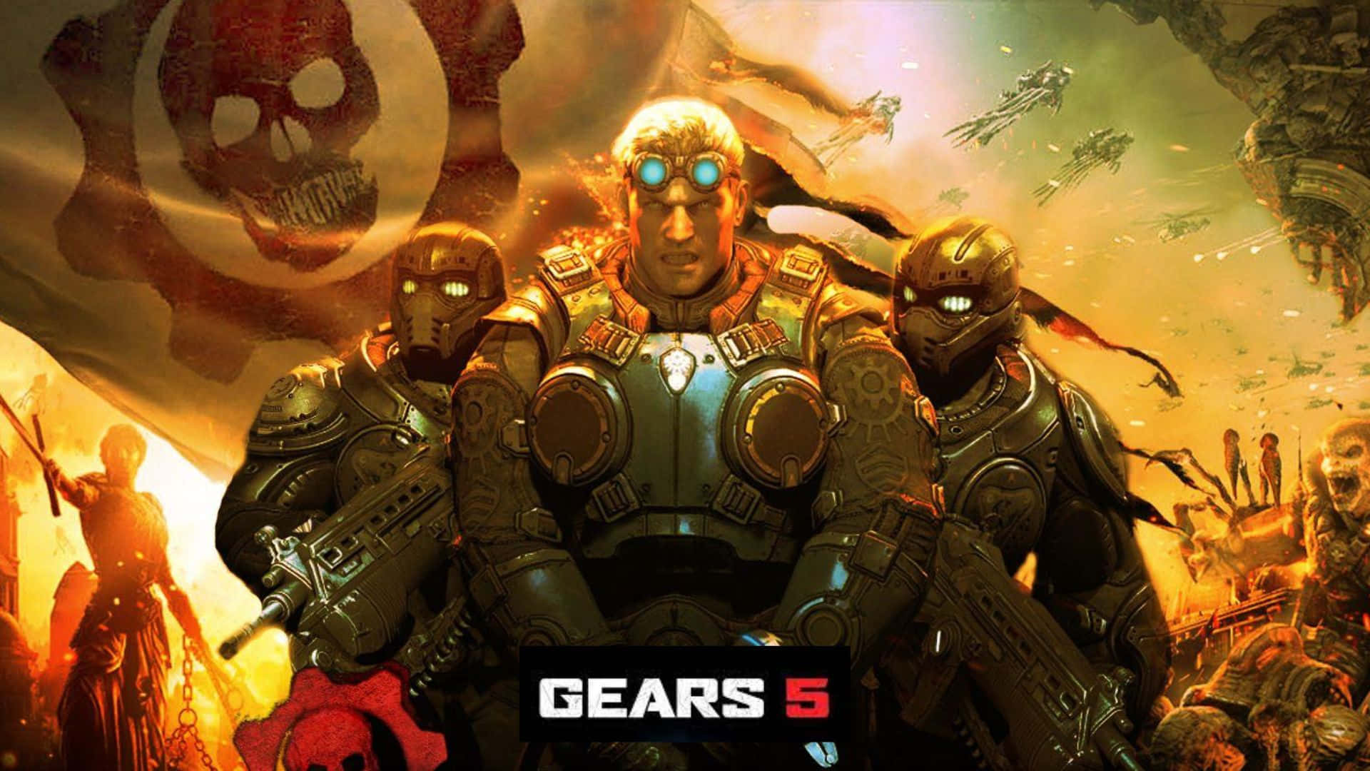 1080p Gears Of War 5 桌布 壁紙 — 三名裝甲士兵眼睛發光，挑釁地站在一個帶有骷髏標誌和飛行車輛的熾熱戰場背景前。