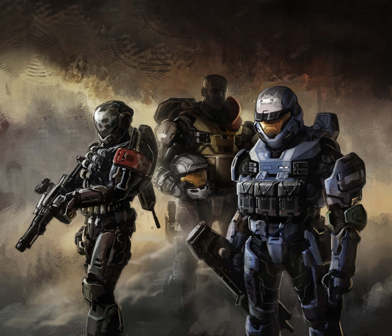 Halo Spartans 桌布 壁紙 — 三名裝甲士兵站在煙霧瀰漫的戰場上，武器就緒，在黑暗陰沉的天際下。