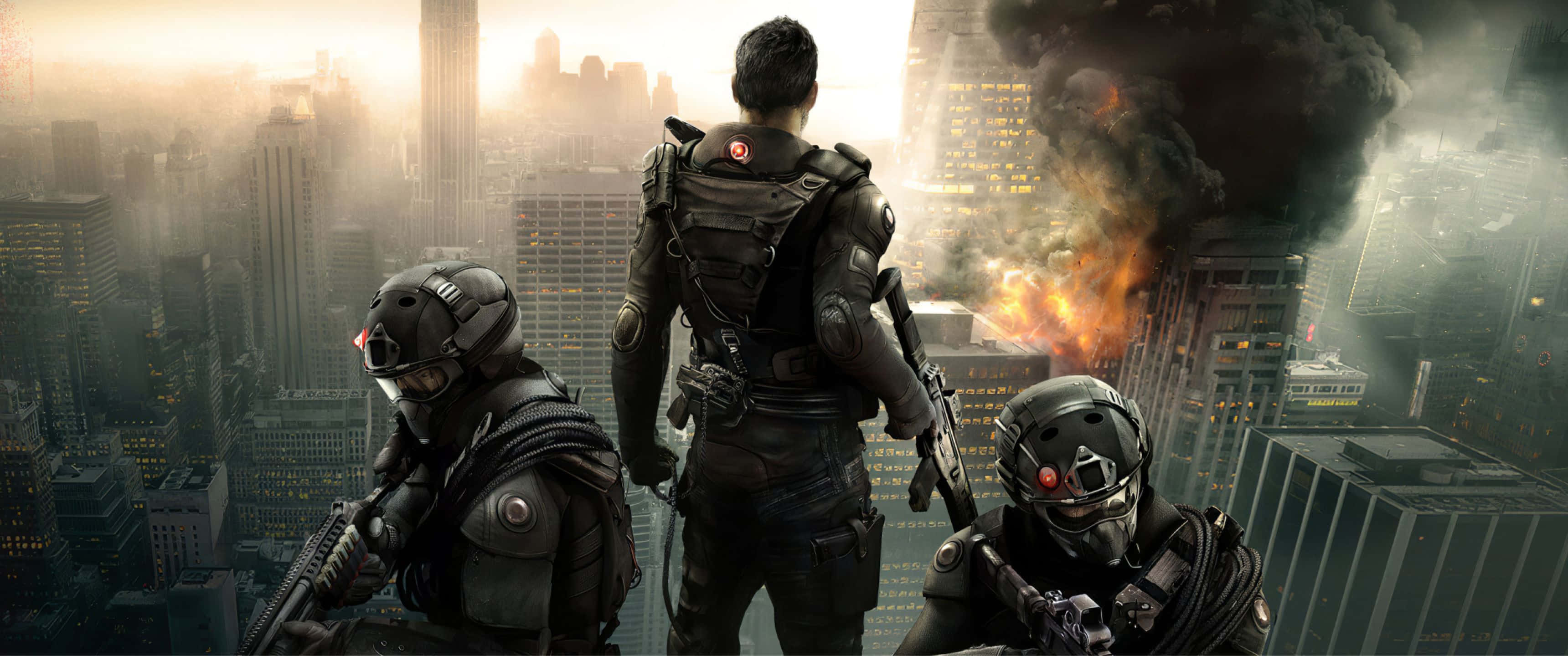 3440x1440p Rainbow Six Siege 桌布 壁紙 — 三名裝甲士兵站立俯瞰燃燒的城市景觀，爆炸產生的煙霧升騰。
