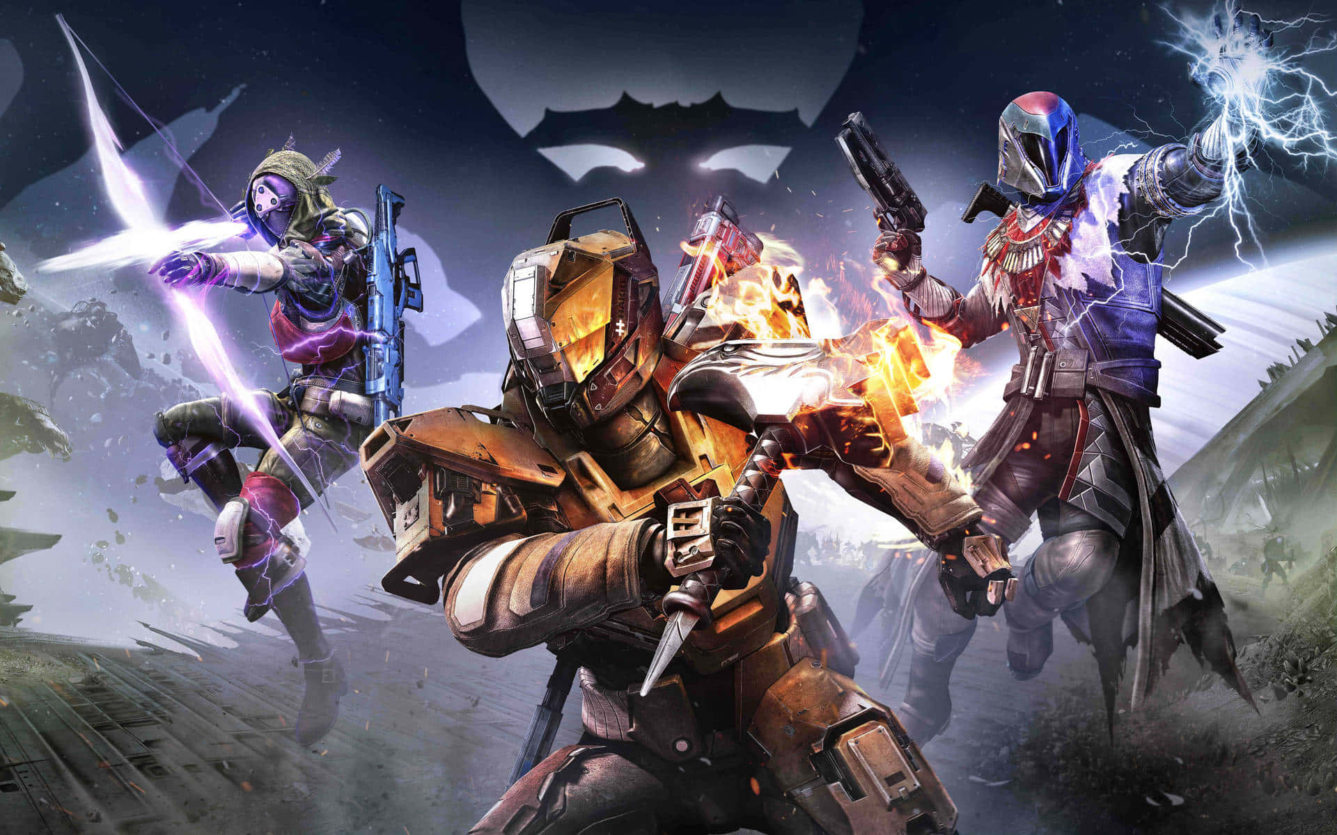 All Games 桌布 壁紙 — 三名裝甲戰士在戲劇性的科幻戰鬥中，對抗一個逼近的陰影面孔，釋放出發光武器和火焰能量。