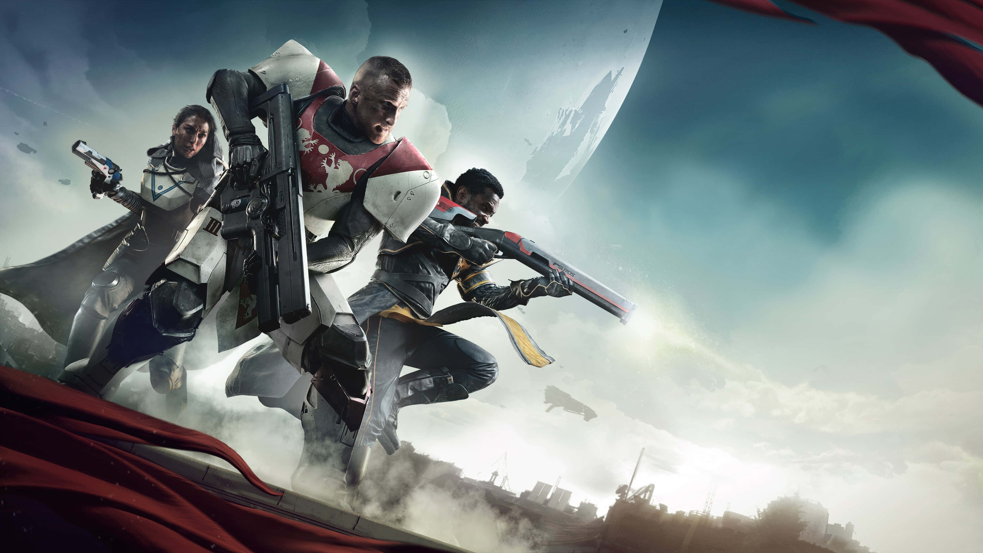 Titan Destiny 2 4K 桌布 壁紙 — 三名裝甲戰士在暴風雨的天空中跳躍，下方是廢墟城市景觀，上方懸掛著巨大的月亮。