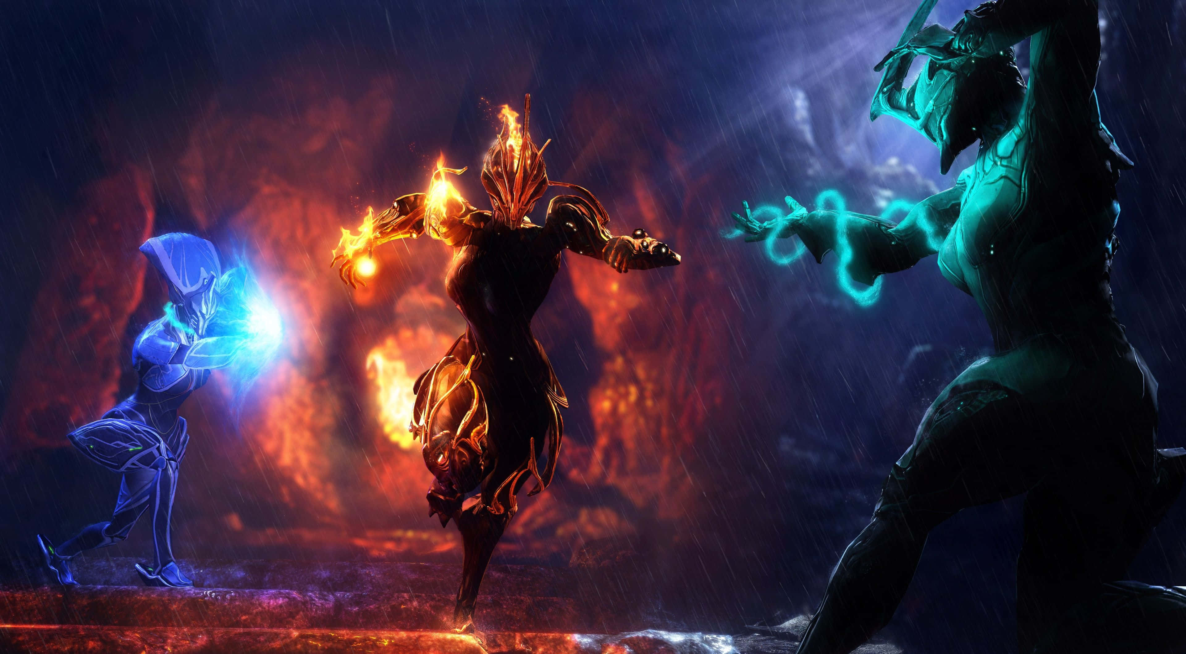 Gaming Mods 桌布 壁紙 — 三名裝甲戰士在暴風雨般的洞穴中交鋒，一人揮舞火焰，另一人使用冰霜，第三人操控閃電，在戲劇性的燈光下。