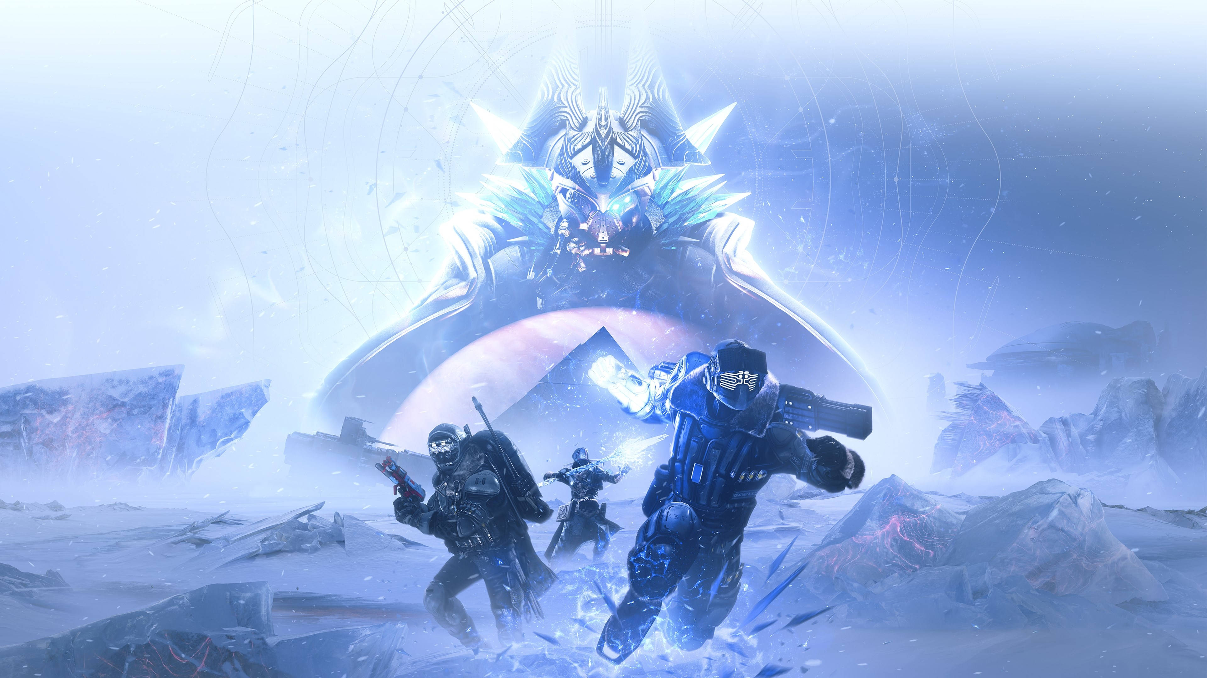 Destiny 2 桌布 壁紙 — 三名裝甲戰士在發光的宇宙實體下衝過破碎的冰封景觀。