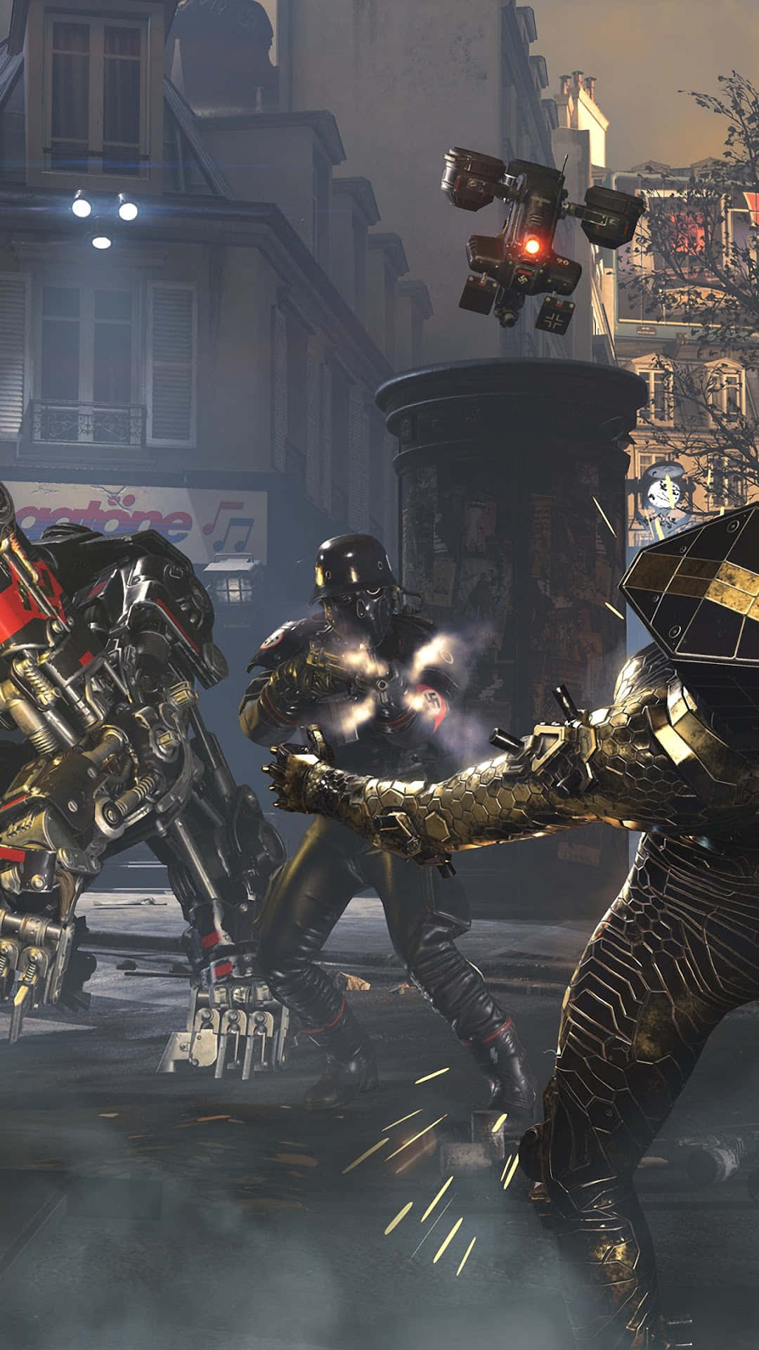 Android Wolfenstein Ii 桌布 壁紙 — 三名裝甲戰士在骯髒的城市小巷中交鋒，火花四濺，一架無人機在頭頂盤旋。