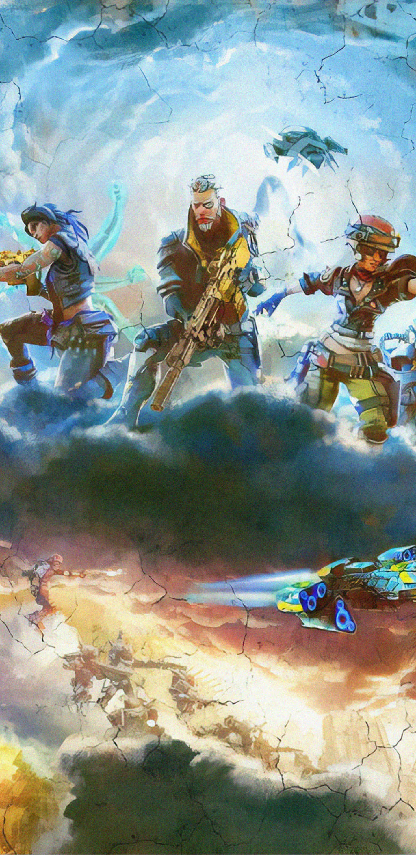 Pixel 3xl Borderlands 3 桌布 壁紙 — 三名裝甲戰士站在裂開的天空戰場上，未來車輛在下方競速，構成動感科幻場景。