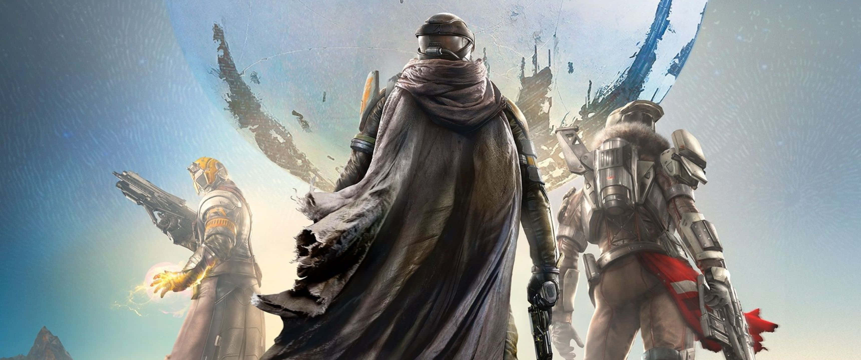 Destiny 2 桌布 壁紙 — 三名裝甲戰士背光站立，背景是宇宙天空，漂浮著碎片和遠處的建築。