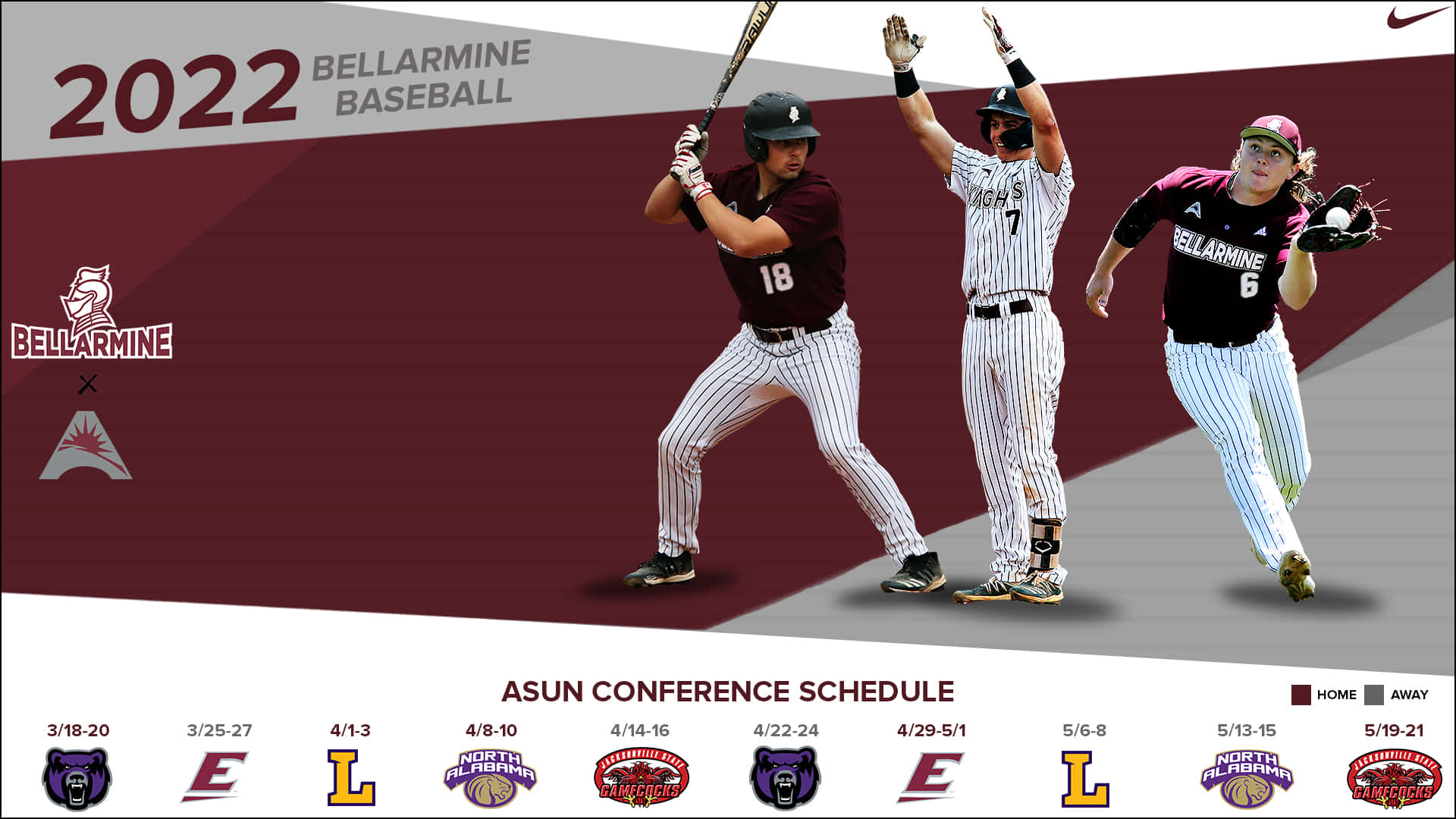 College Baseball 桌布 壁紙 — 三名貝拉明大學棒球球員身穿棗紅色和白色球衣，在帶有2022年賽季賽程細節的棗紅色和灰色幾何背景前動態擺姿勢。