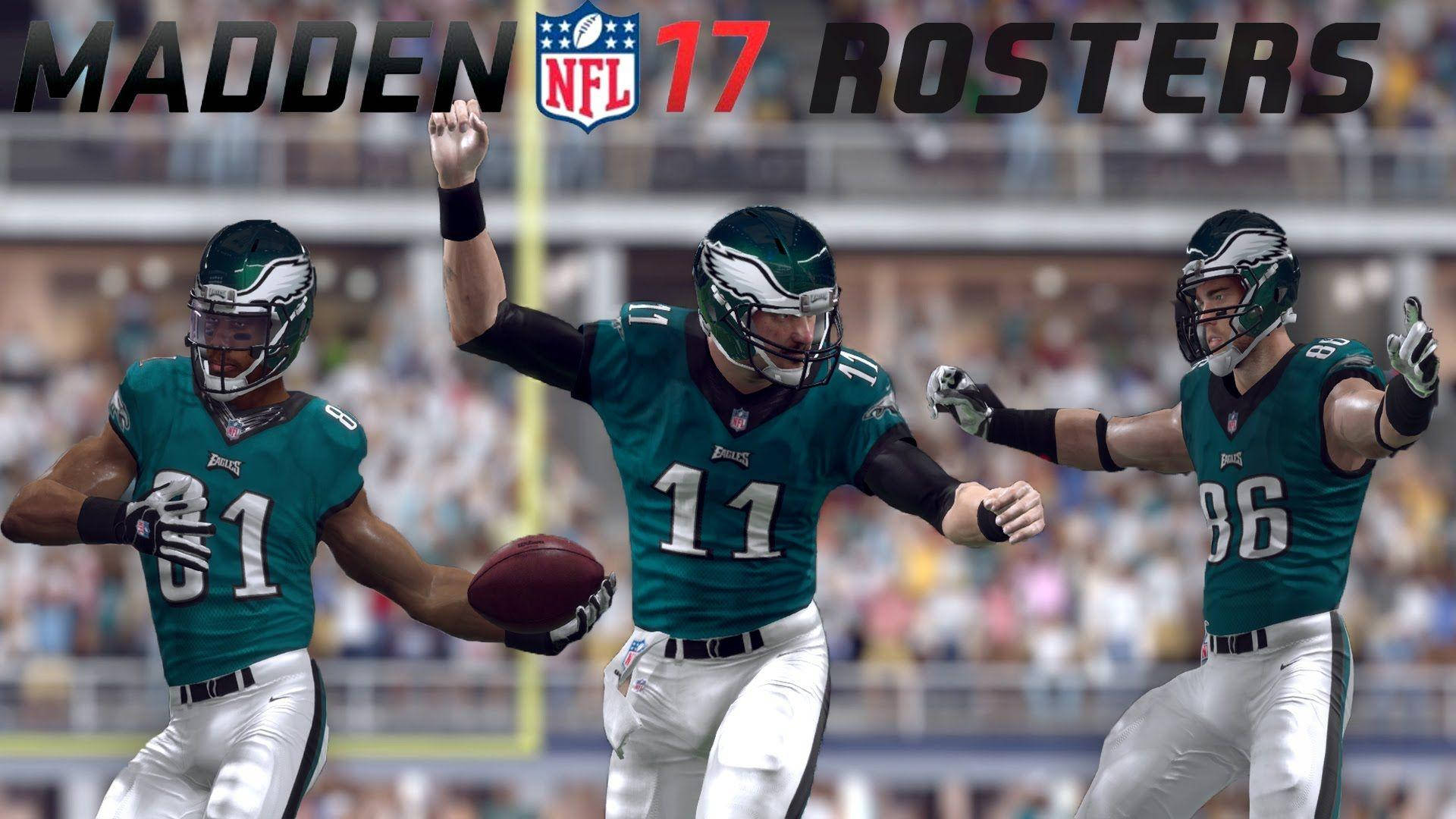 運動 桌布 壁紙 — 三名費城老鷹隊美式足球員在《Madden NFL 17》電玩場景中慶祝達陣。