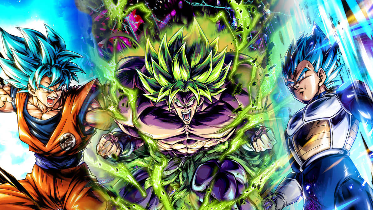 Vegeta And Broly 桌布 壁紙 — 三名賽亞人戰士在充滿活力的動畫戰鬥場景中釋放爆炸性能量，伴隨著電光綠和藍色效果。
