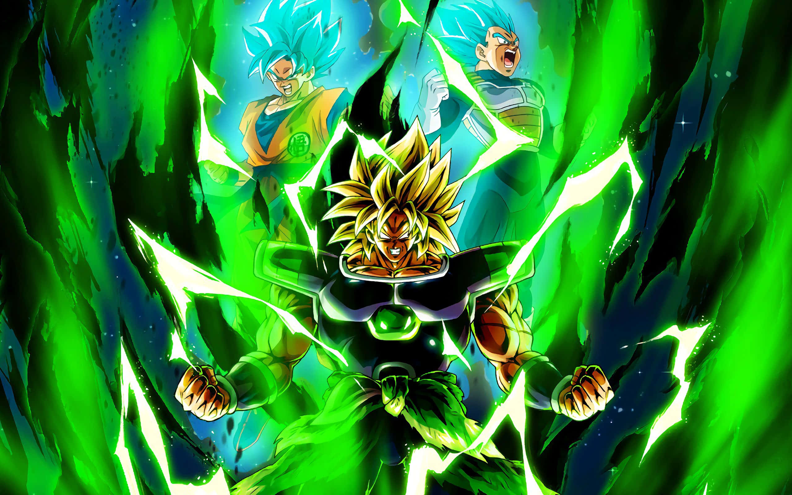 Cool Dragon Ball 桌布 壁紙 — 三名賽亞人戰士在動態動漫戰鬥場景中釋放綠色能量爆炸，帶有發光效果。