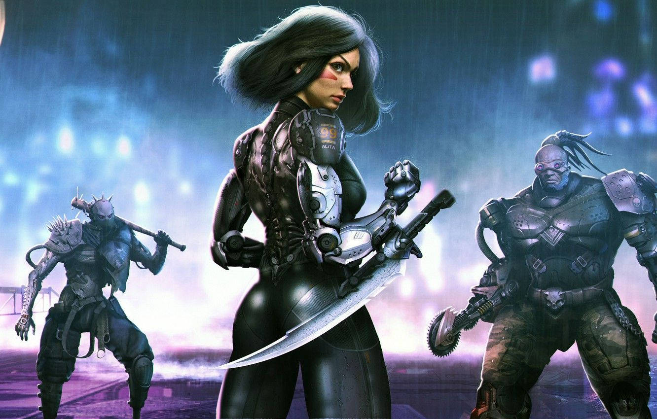 Alita Battle Angel 桌布 壁紙 — 三名賽博龐克戰士在霓虹燈浸透的暴雨中準備就緒，背後是閃爍的城市燈光。